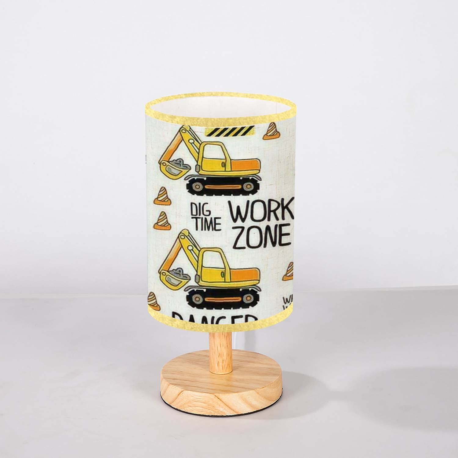 Rainfallaring Minimalist Bedside Table Lamp Seamless Pattern With Hand Drawn Construction Machines Kids Solid Wood Nightstand Lamp Bedside Desk Lamp Wood Base Flaxen Fabric Shade For Bedroom Living Room