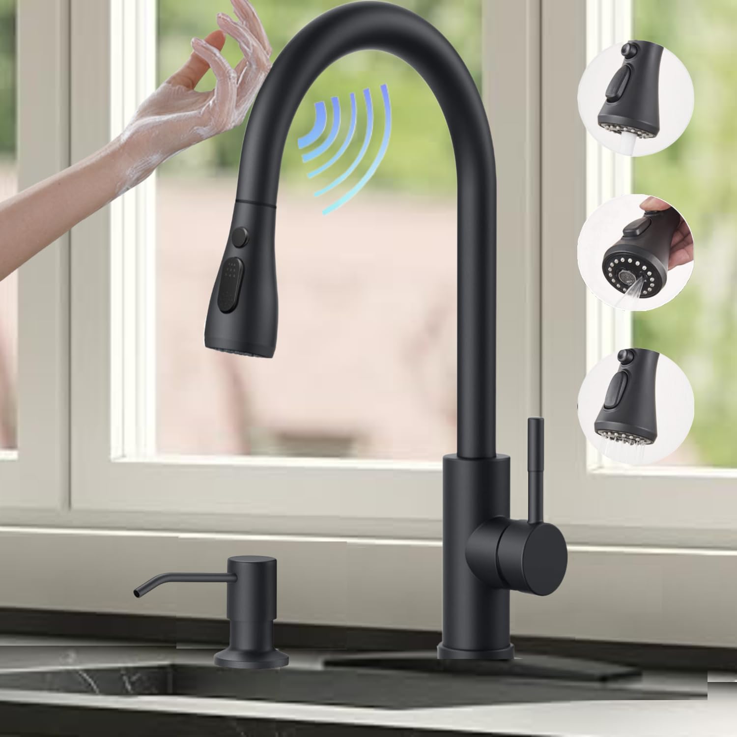 Videc Smart Kitchen Faucet, 3 Modes Pull Down Sprayer, Touch On Sensor Activated, Ceramic Disc Valve, 360-Degree Rotation, 1 Or 3 Hole Deck Plate. 20-Year . (Kw-69R, Brushed Black)