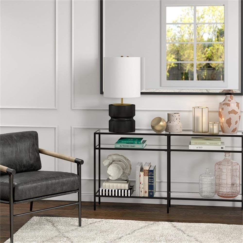 Henn&Hart 27" Tall Table Lamp With Fabric Shade In Matte Black/Brass, For Home, Living Room, Bedroom, Entertainment Room, Office, Kitchen, Dining