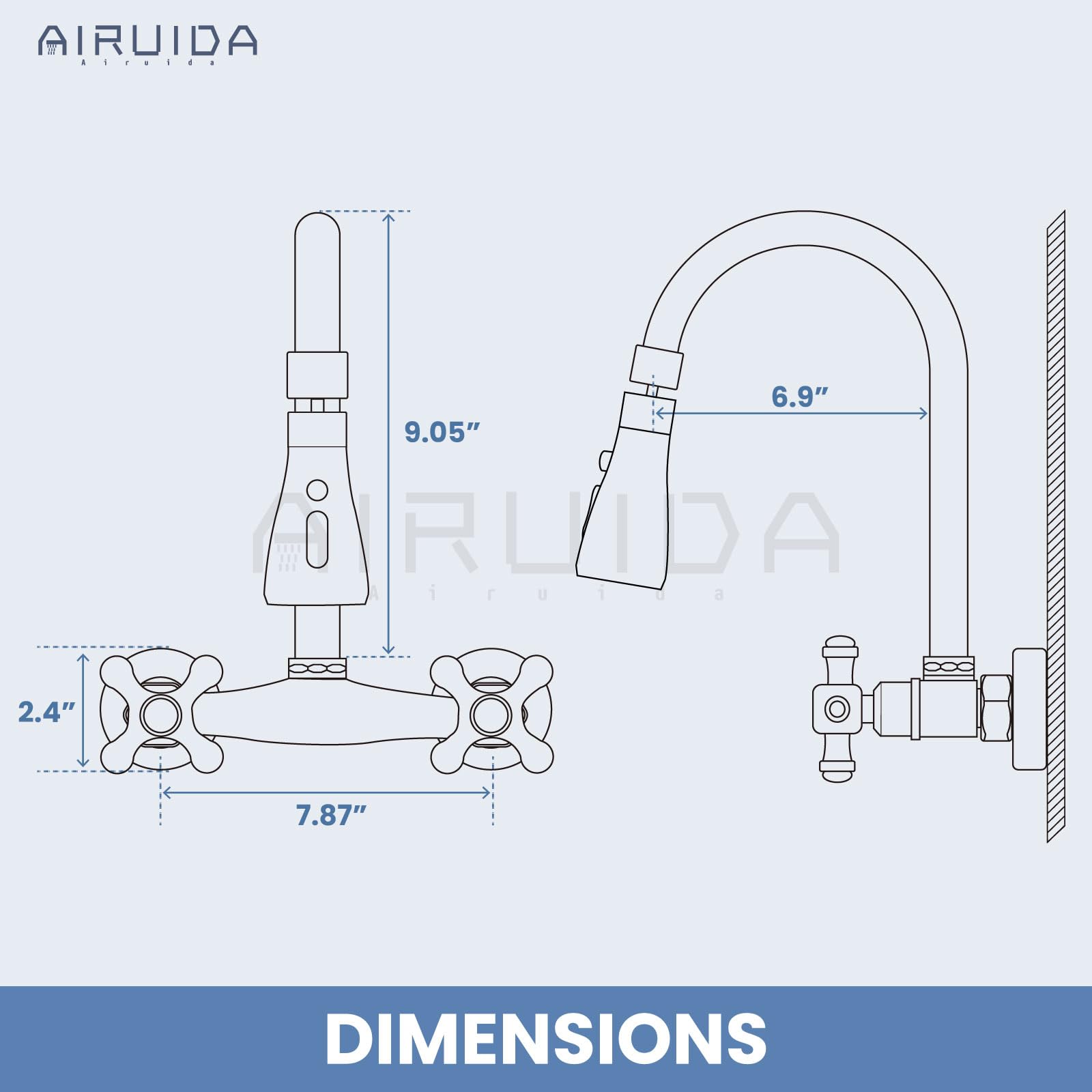 Airuida Wall Mounted Kitchen Faucet 8 Inch Center With 3 Functions Sprayer 360 Degree Swiveldouble Cross Handles Kitchen Faucets Restaurant Utility Laundry Commercial Mixer Tap Chrome Polish