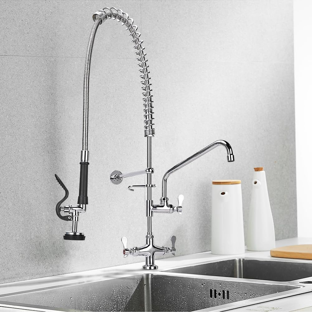 Tnroted 36 Inch Height Deck Mount Commercial Faucet With Pre Rinse Sprayer, Single Hole Commercial Pre Rinse Restaurant Kitchen Faucet With 12” Swing Spout For Commercial Restaurant Home Kitchens Sink