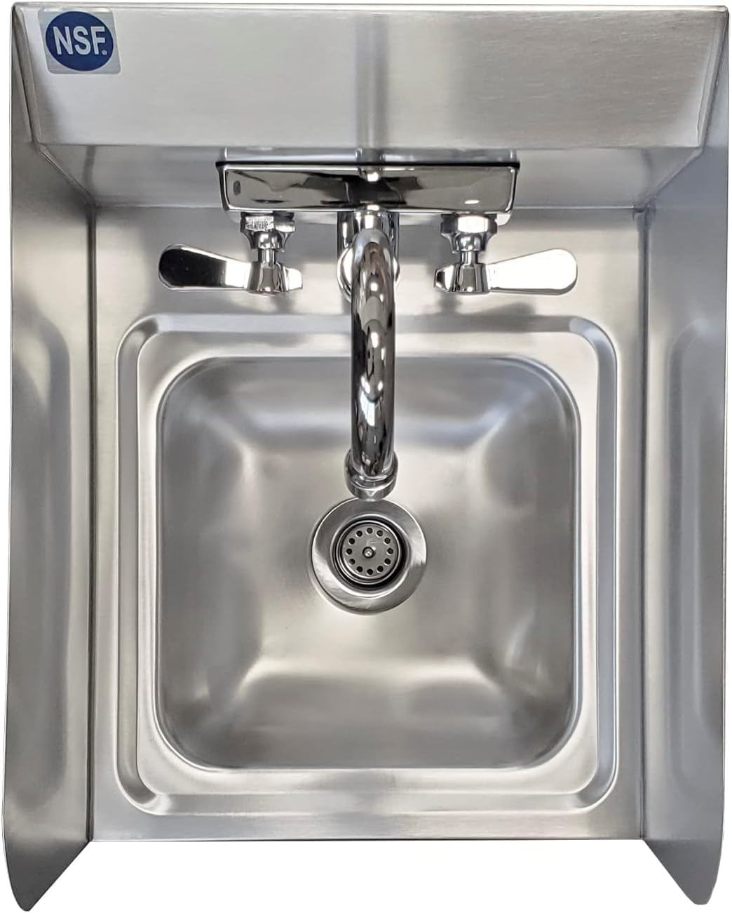 Express Kitchquip Stainless Steel Wall Mount Hand Basin With Gooseneck Faucet And Side Splash Guard. (16" X 12" Side Splash) Deep X Long