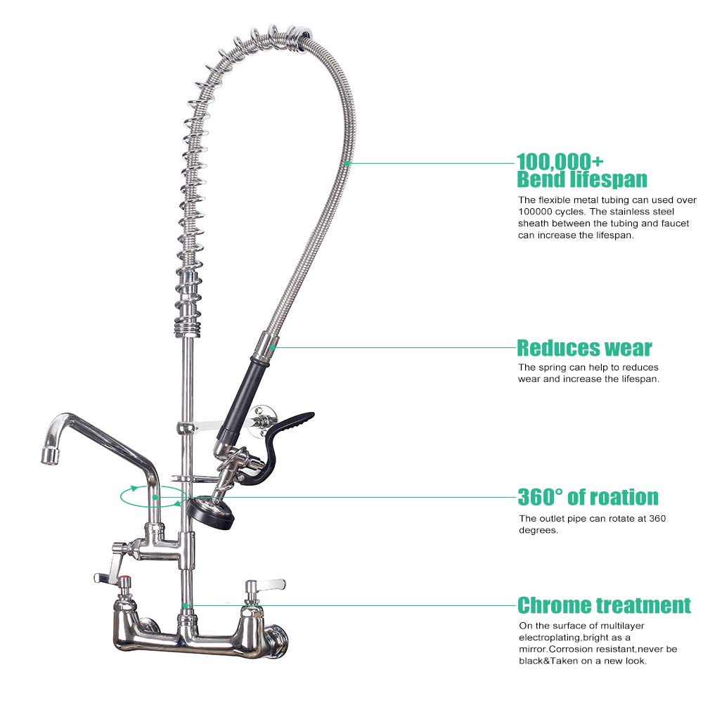 Bestjeef Commercial Sink Faucet With Sprayer 36 Inch Commercial Faucet Pre Rinse Sprayer 8 Inch Wall Mount Center With 12 Inch Add On Spout