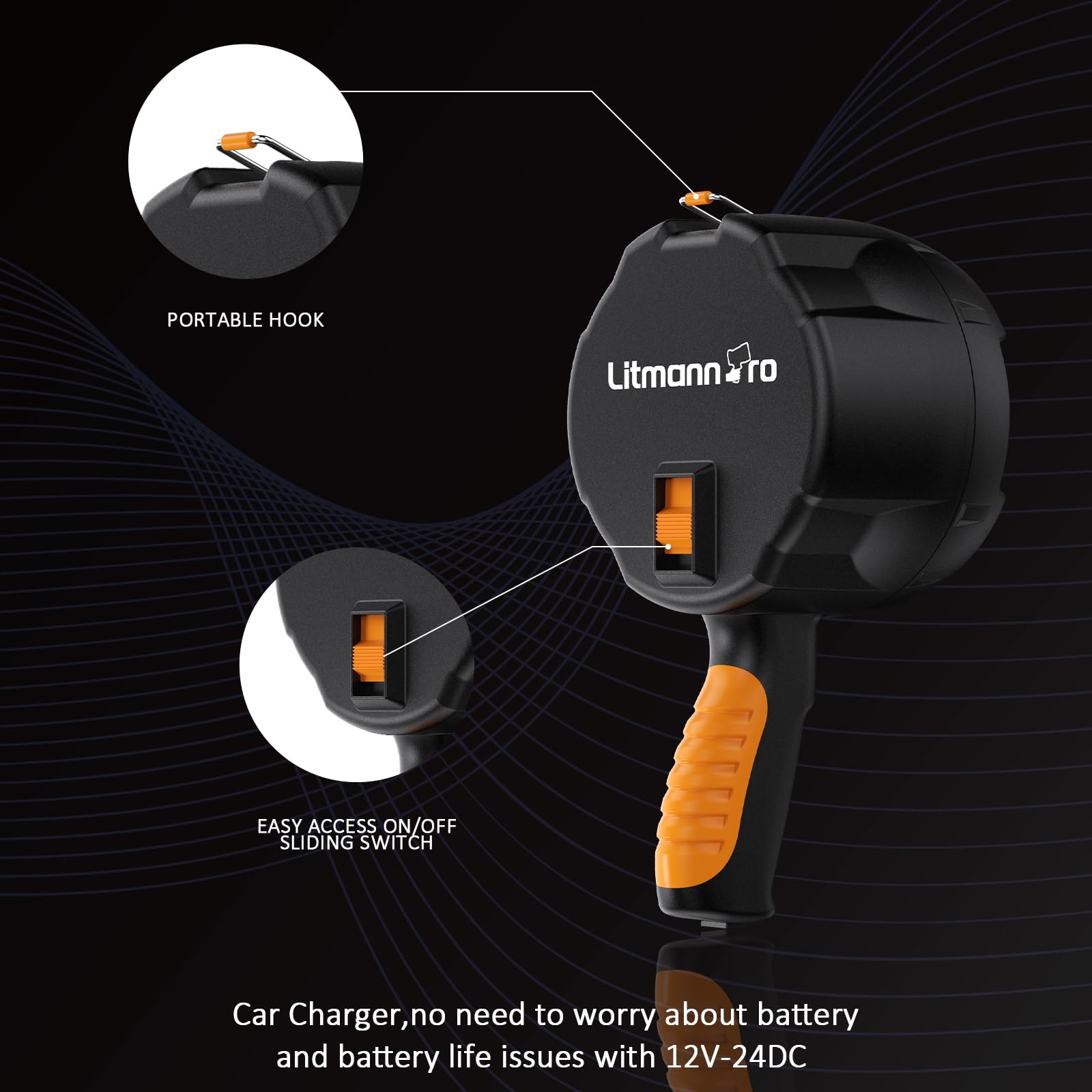 Litmann Pro 2000 Lumens Handheld Spotlights Led Flashlight Searchlights With 12V-24V Dc Car Charger Outdoor Floodlight For Camping Fishing Boating Hunting Hiking