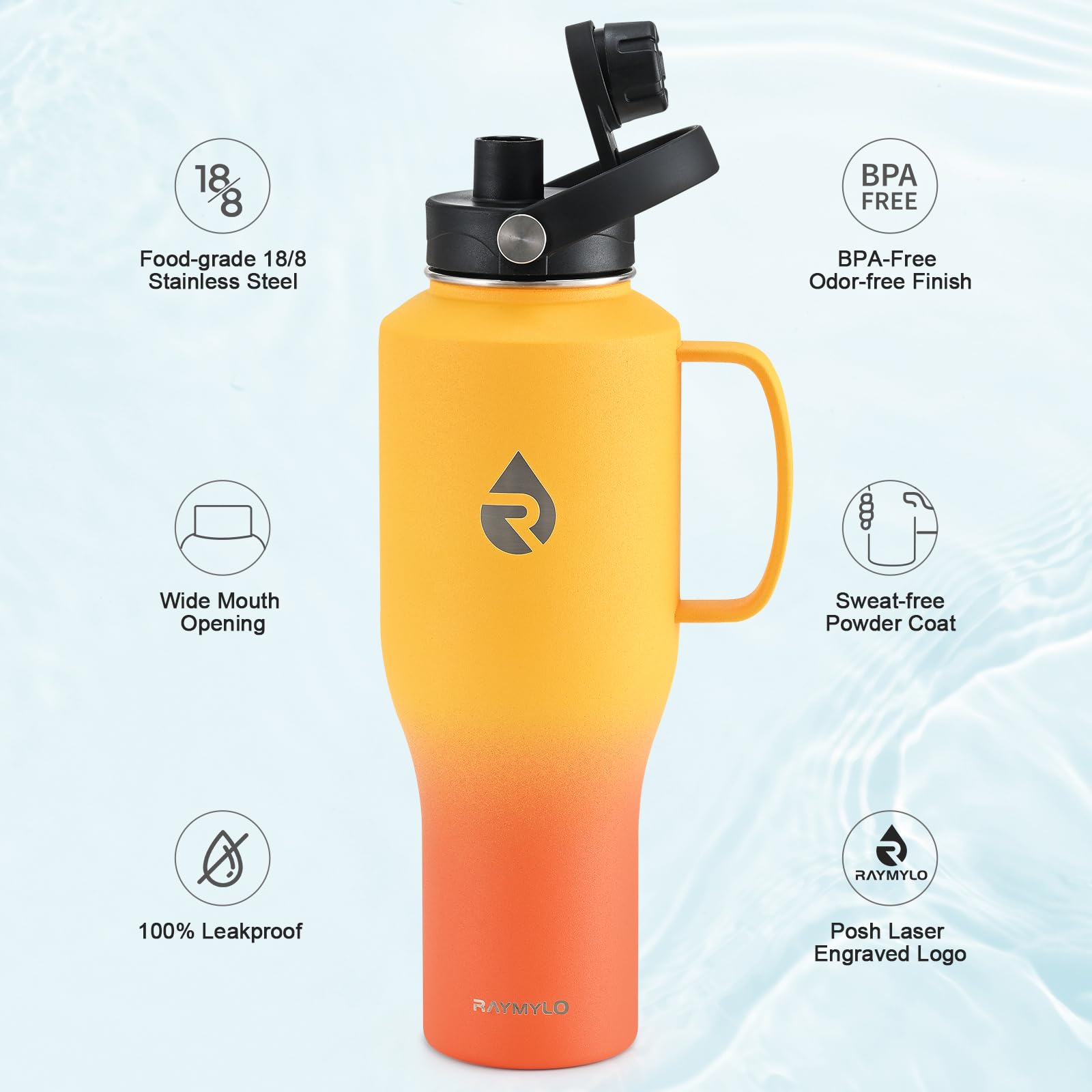 Insulated Water Bottle 40Oz (Cold For 48 Hrs), Stainless Steel Water Bottle With Handle & Straw Lid