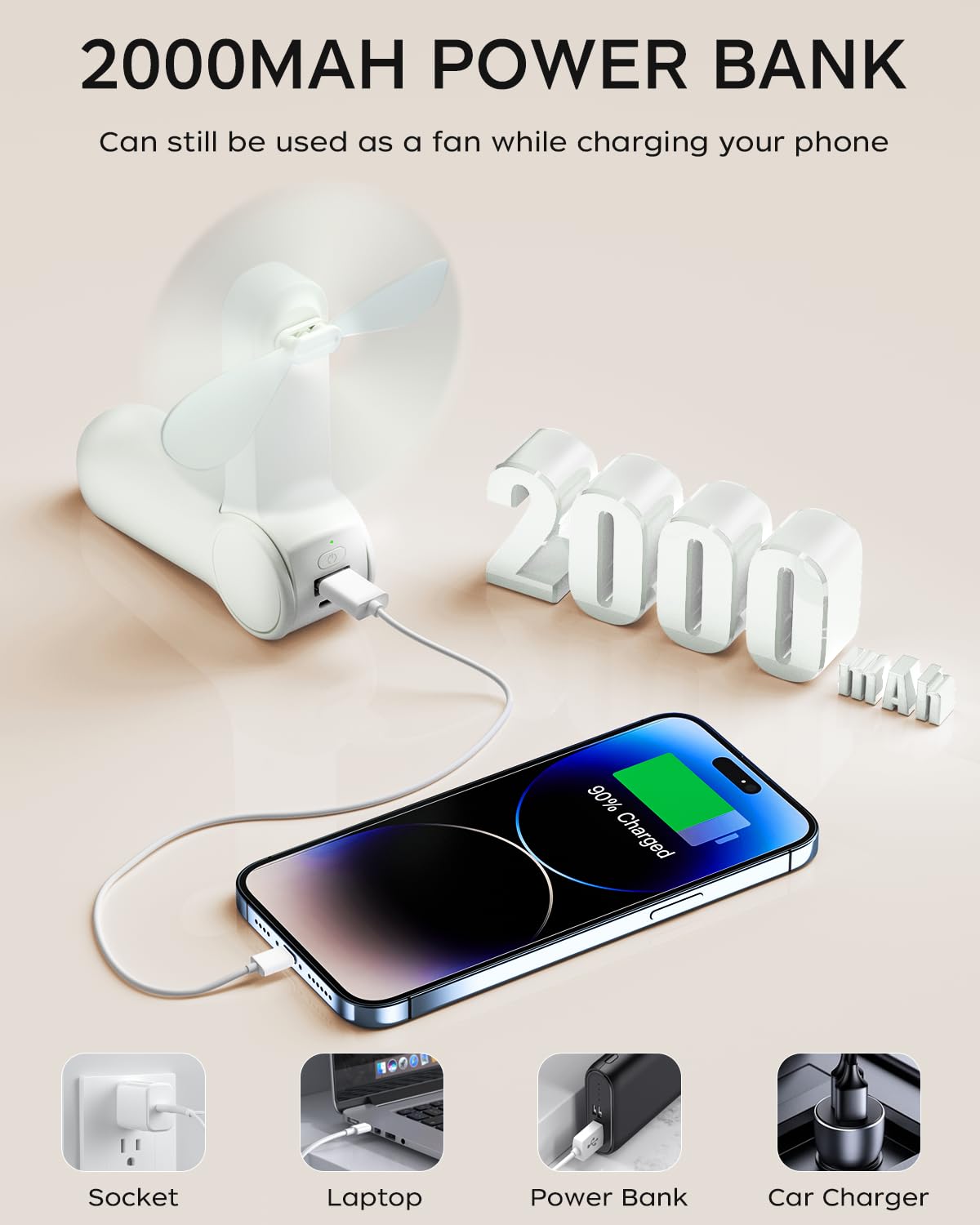 Frsara Portable Handheld Fan Rechargeable, Usb Rechargeable Small Pocket Fan, 2000Mah Battery