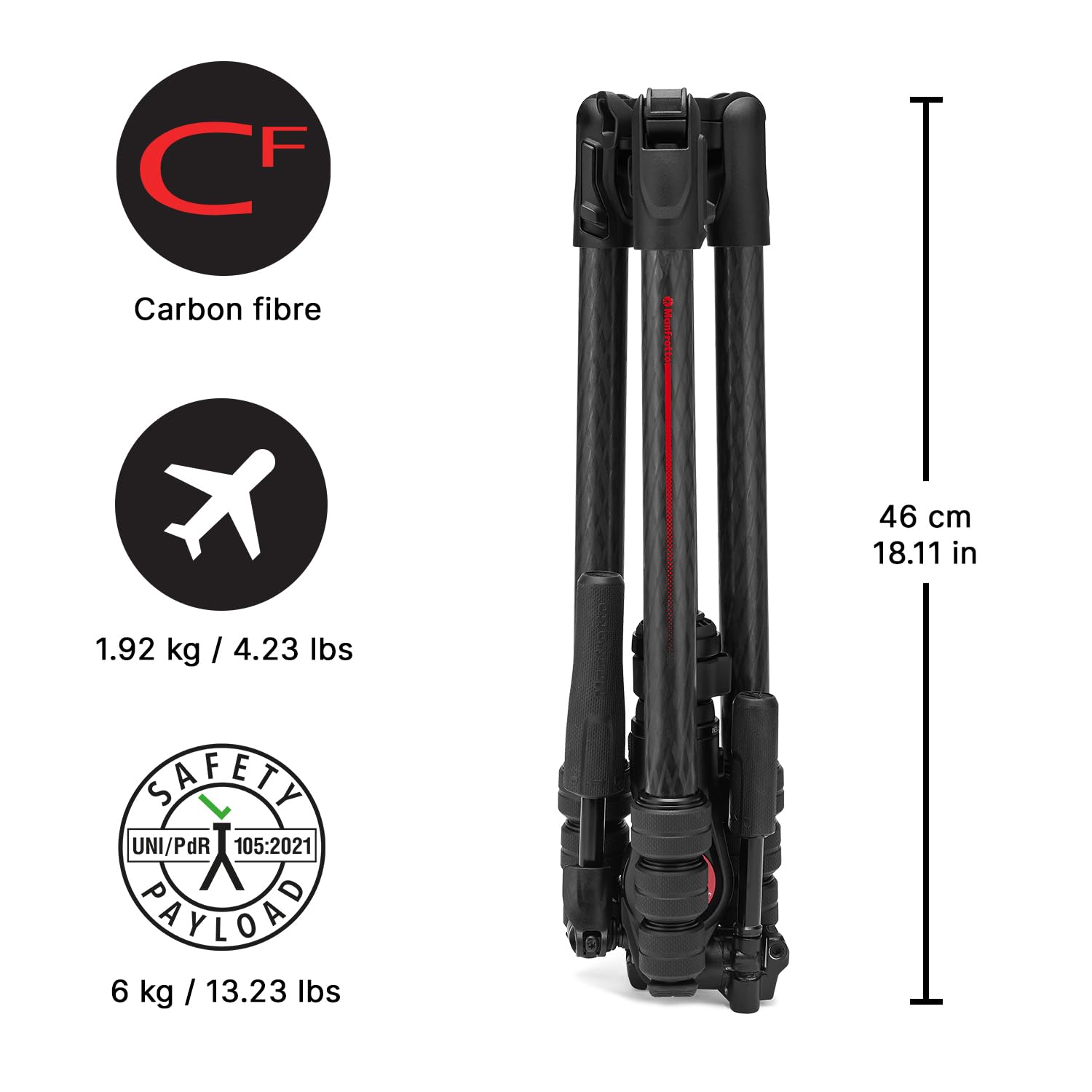 Manfrotto Be Gt Pro 4-Section Carbon Fiber Travel Tripod With 3-Way Pan/Tilt Head, Black