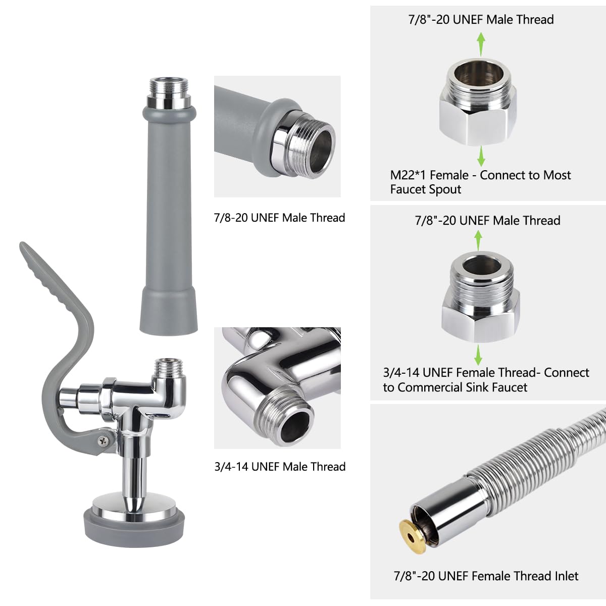 Abboraunt Spray Valve With Pre Rinse Hose 60" Flexible Stainless Steel Commercial Hose With 1.42 Gpm High Pressure Sprayer, Replacement Kit For Commercial Kitchen Sink Faucet, Grey