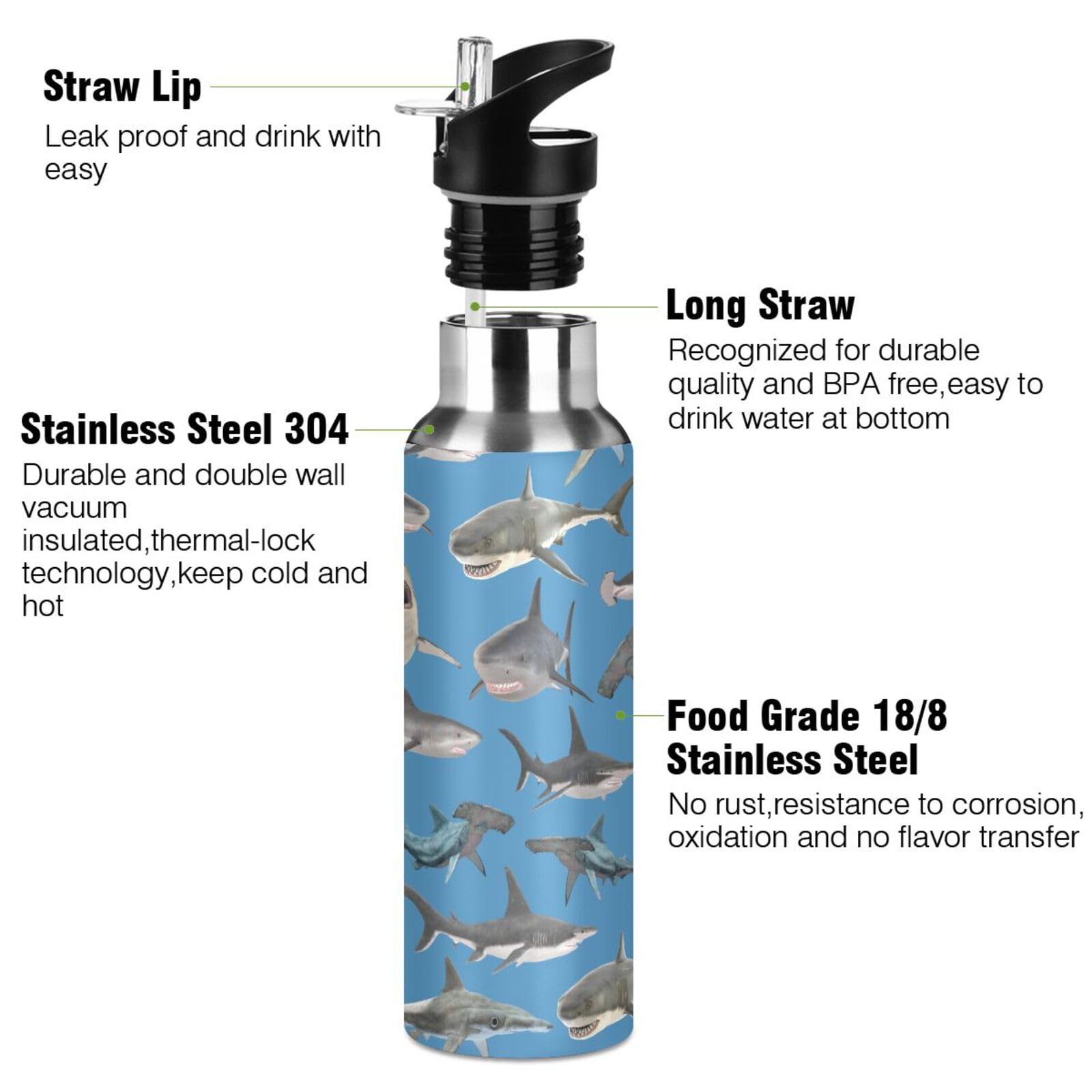 Shark Hammerhead Shark Stainless Steel Water Bottle With Straw Lid - 20 Oz Sports Insulated Water