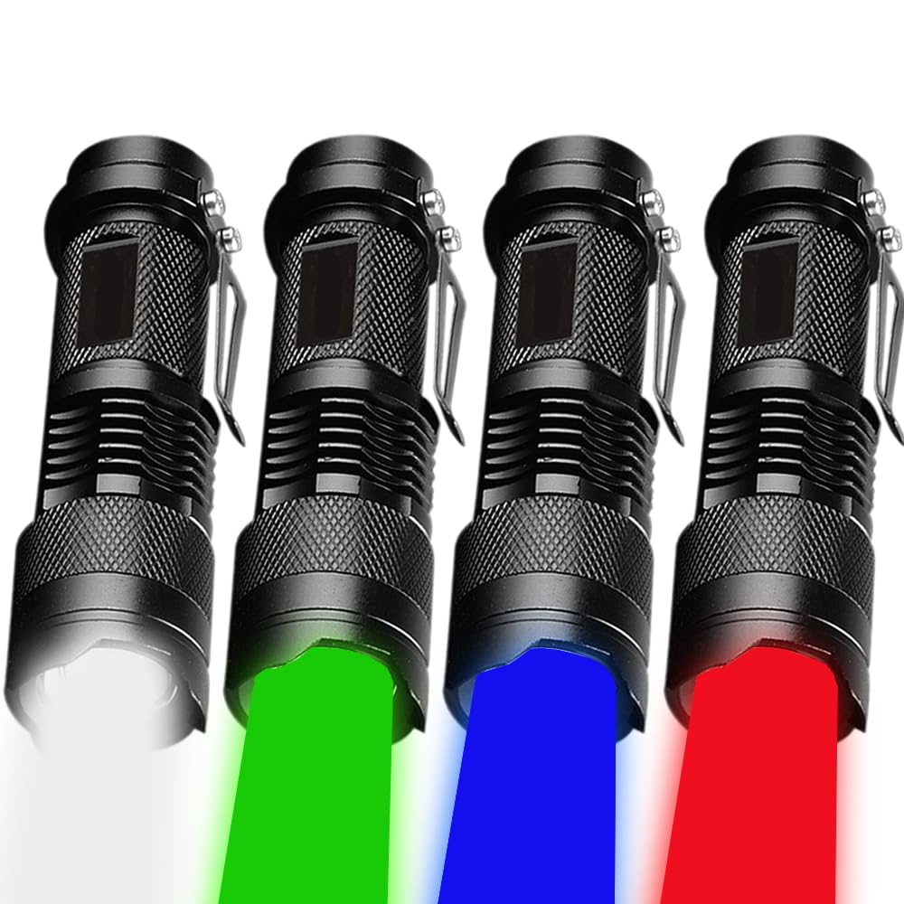 Mviocs 4 Pack Led Flashlights Torch (Red, Green, Blue, White) - Waterproof Zoomable Handheld Flashlight Lights For Night Vision, Astronomy, Fishing & Outdoor Adventures
