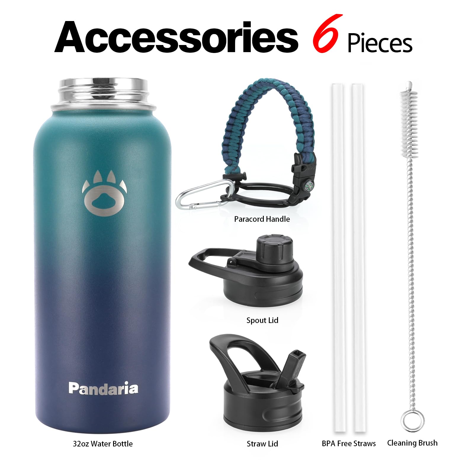 Insulated Water Bottle 32Oz, Stainless Steel Water Bottle With Straw & Spout Lids & Paracord Handle