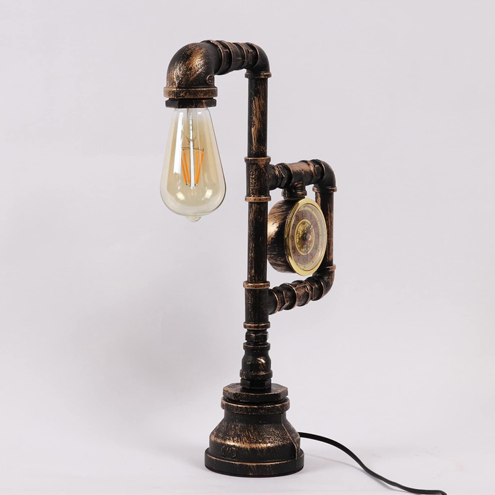 Tfcfl Retro Water Pipe Table Lamp For Bedroom, Vintage Steampunk Desk Lamp With Clock Plug-In Table Lamp Light Nightstand Lamp E26 60W Max For Living Room