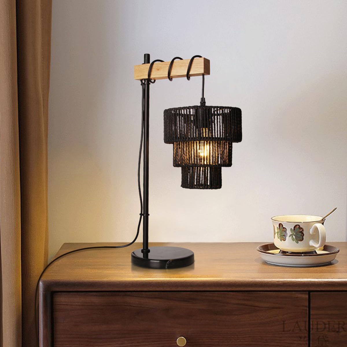 Masivel Rattan Table Lamp, Boho Wicker Table Lamps, Wood Bedside Desk Lamps For Bedroom Living Room Office Nightstand, E26, Black