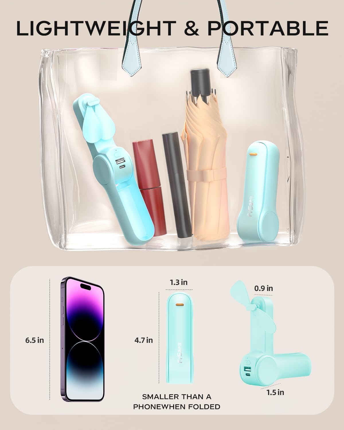 Frsara Portable Handheld Fan Rechargeable, 2200Mah Battery With Power Bank, Usb Rechargeable Small