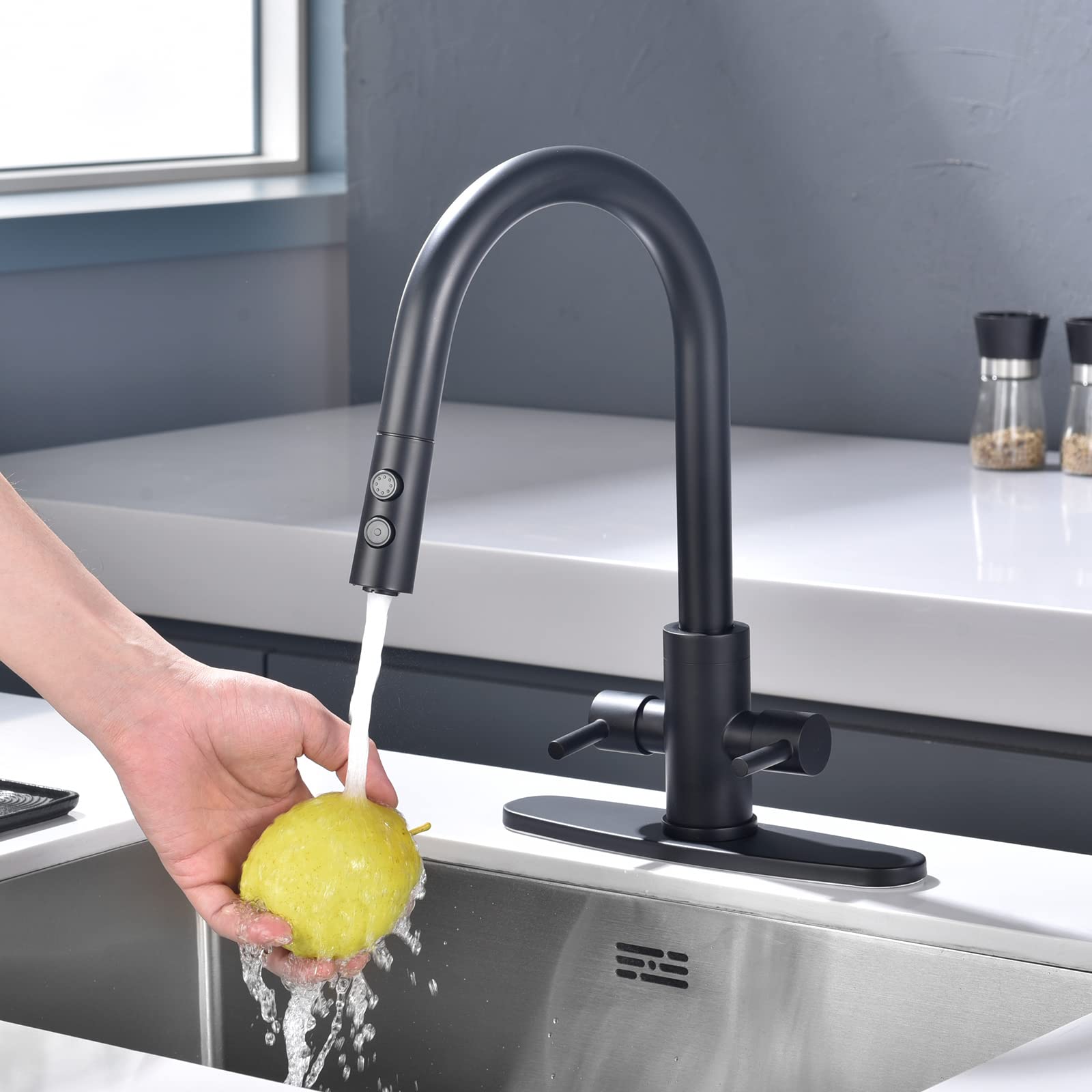 Paking Kitchen Faucet, Kitchen Sink Faucet, 2 Handles Sink Faucet, Faucet, Kitchen Faucet Pull Down, Faucet With Sprayer, Bar Faucet, Stainless Steel, Matte Black, Pb1047