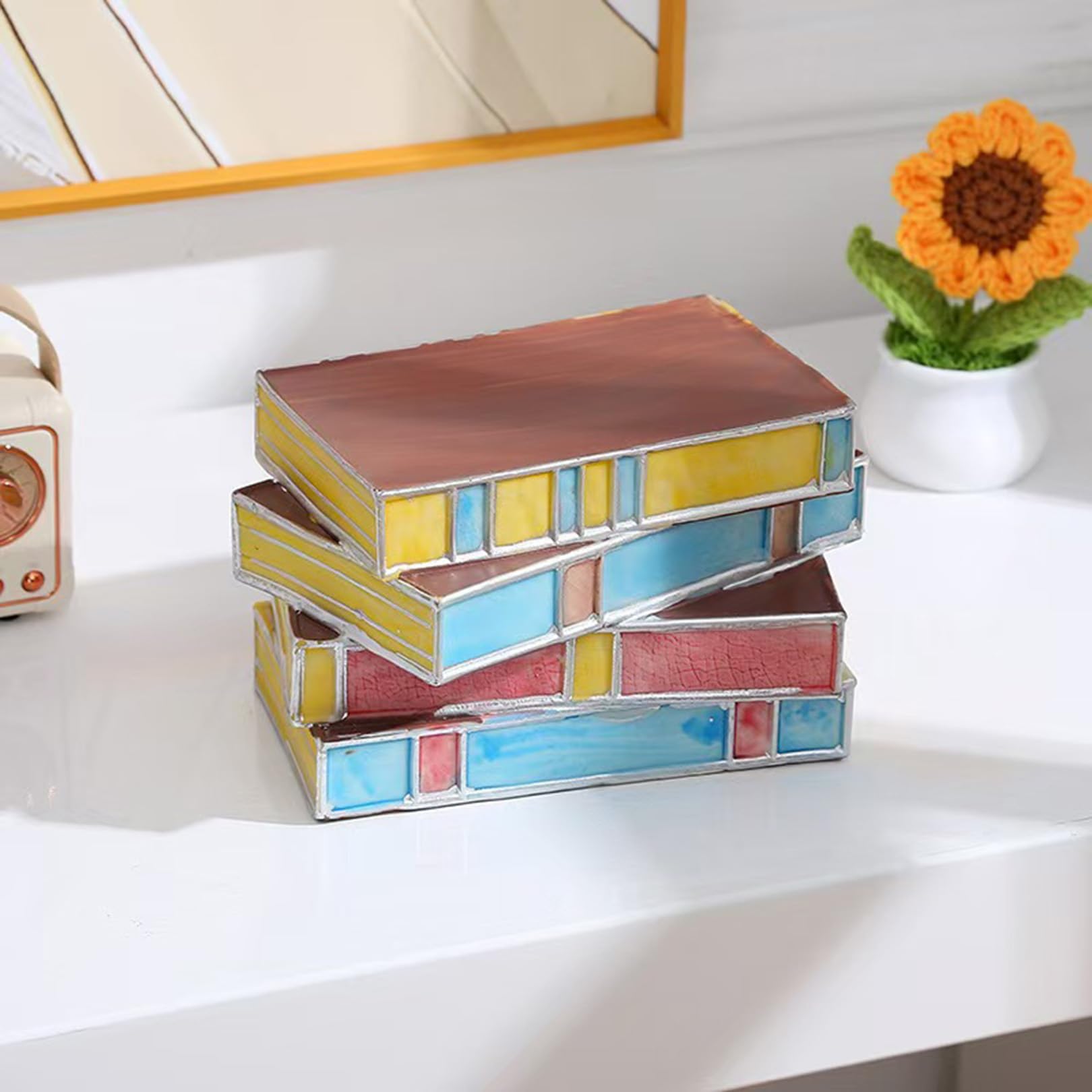 Desniltol Resin Stained Stacked Books Lamp, Vintage Nightstand Desk Book Lamps For Living Room, Handcrafted Resin Table Lamp For Living Room, Bedroom, Office Decor
