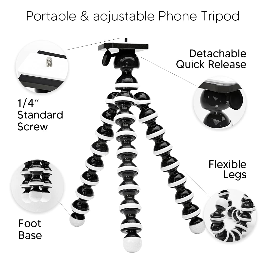 Talkworks Flexible Phone Tripod, Black & Ubeesize 51" Extendable Tripod Stand With Bluetooth Remote For Iphone Android Phone, Heavy Duty Aluminum, Lightweight