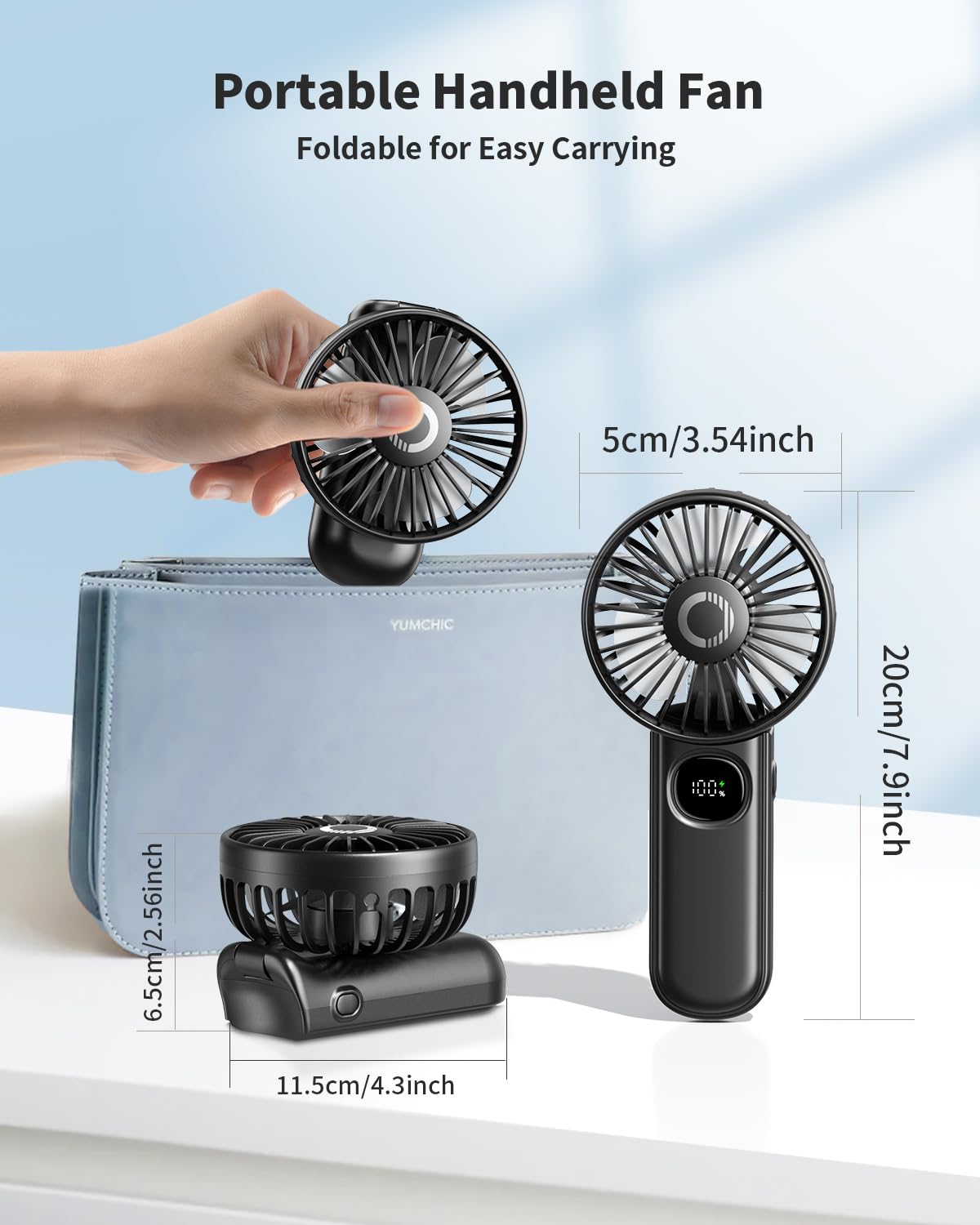 Foldable Portable Fan With Led Display, 3000Mah Battery Operated Mini Hand Held/Neck/Desk 3 In 1