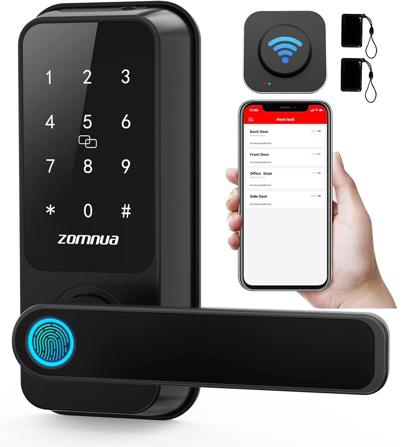 Zomnua Wifi Smart Lock With Handle,Fingerprint Lever Keyless Entry Door Lock With Keypad, Alexa Digital Electronic Smart Deadbolt For Front Door With Gateway,Bluetooth App, Fob Keys