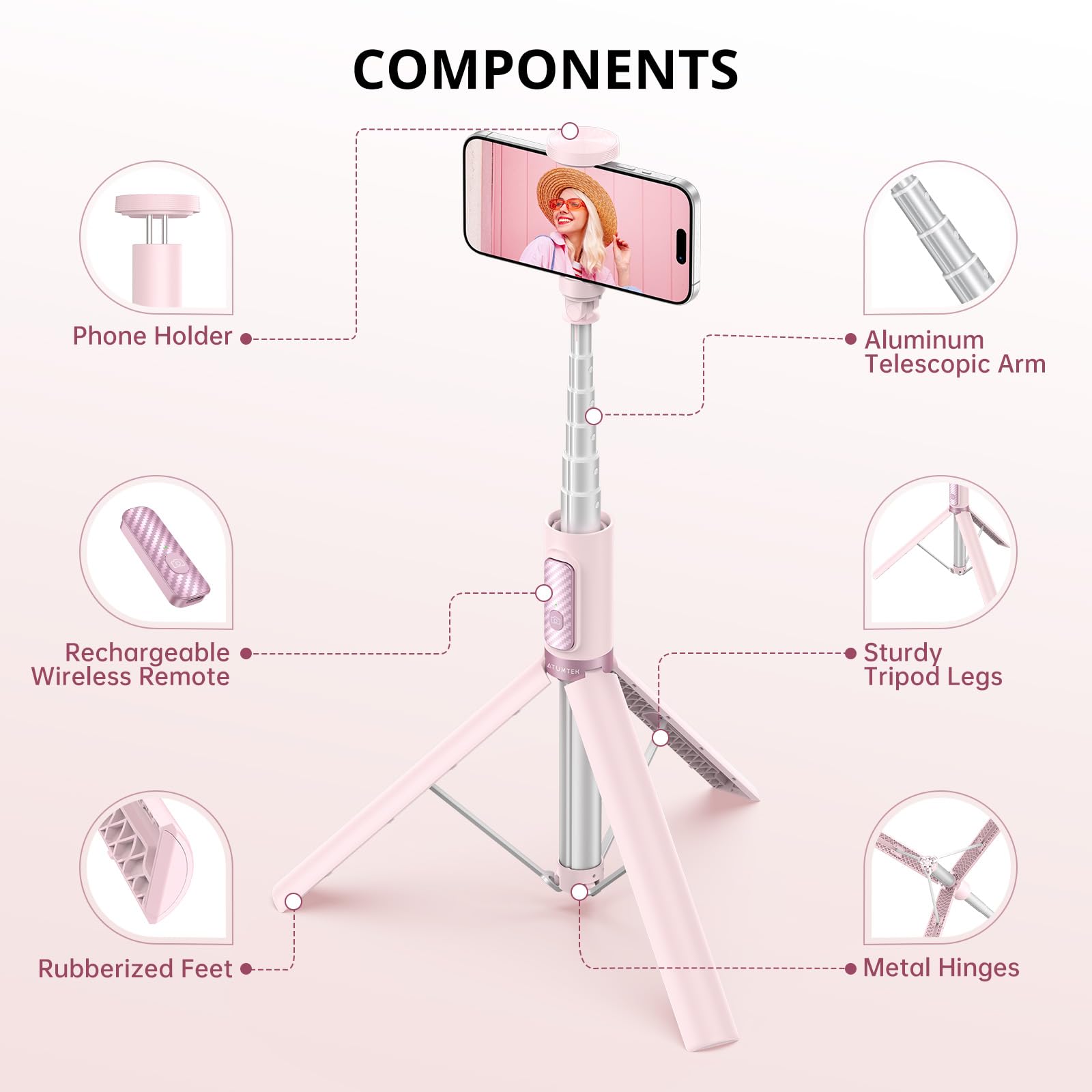 Atumtek 55" Selfie Stick Tripod, All-In-One Extendable Aluminum Phone Tripod With Rechargeable Bluetooth Remote For Iphone, Samsung, Google, Lg, Sony And More, Fitting 4.7-7 Inch Smartphones, Pink