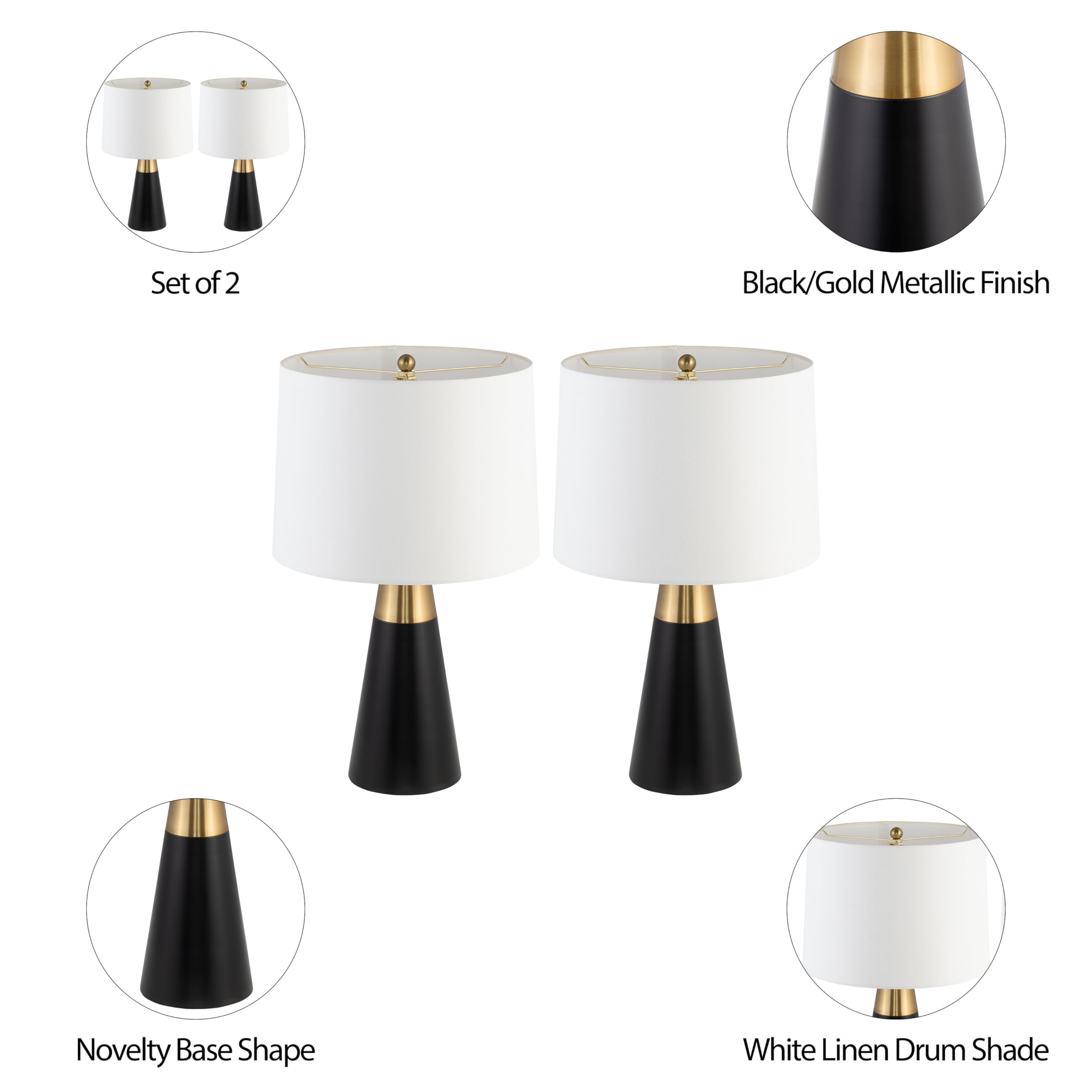 Sagebrook Home Black And Gold Table Lamps Set Of 2 – Modern Metal Base With White Linen Drum Shade For Bedroom, Living Room, Office, Home Décor, 23 Inches