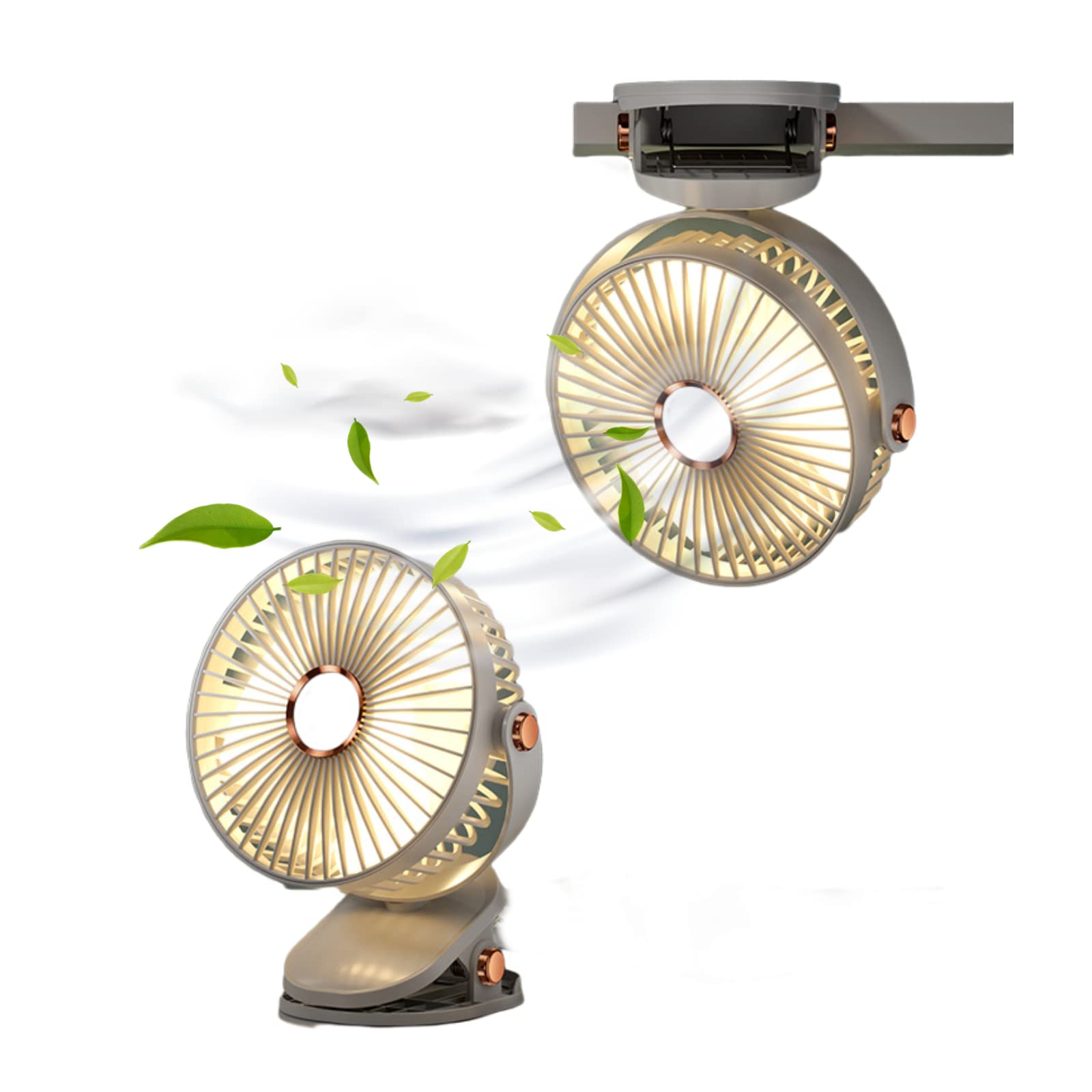Desk Fan Clip On With Lights Usb Rechargeable 2400Mah 5 Level Speed Air Flow Portable Personal Mini - Koospark