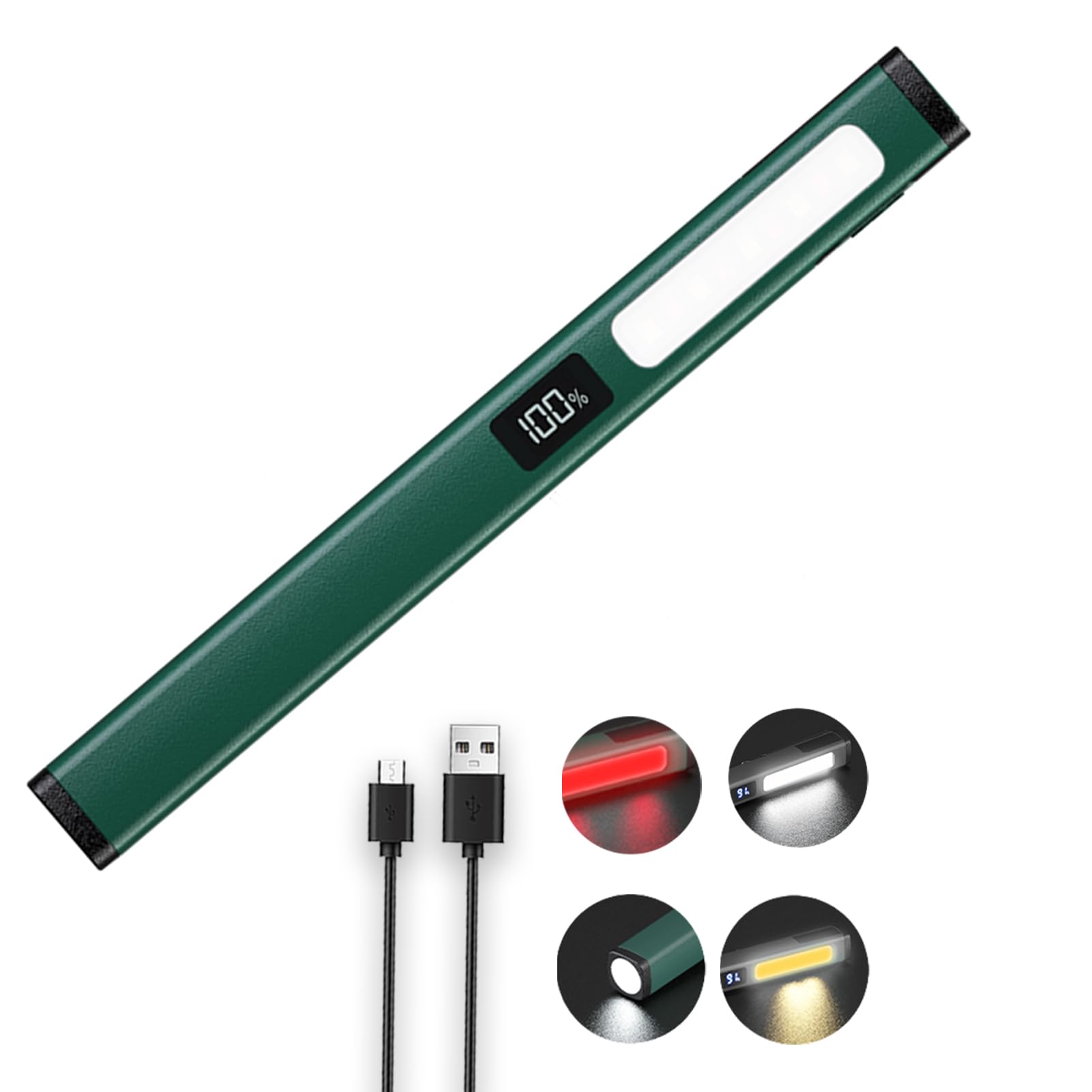 Bufccy Small Rechargeable Pen Flashlights With Cob Work Light, Portable Led Pocket Flashlight 1000 Lumens Bright Flashlights For Home, Car, Emergencies, With Usb-C Charge, 6 Light Modes, Lcd Display (Green)