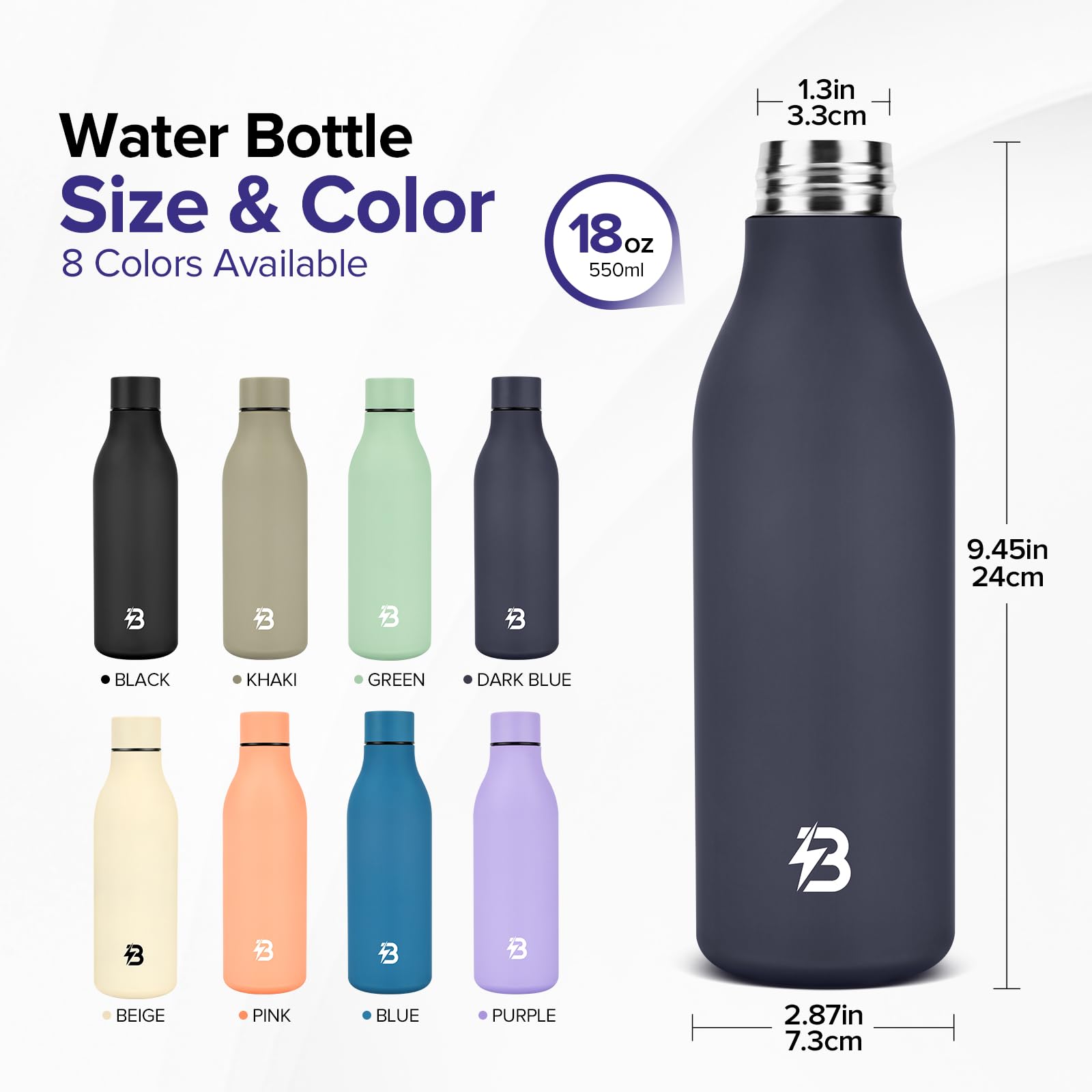 Insulated Metal Water Bottle, 18 Oz Stainless Steel Leak-Proof Gym Water Bottle
