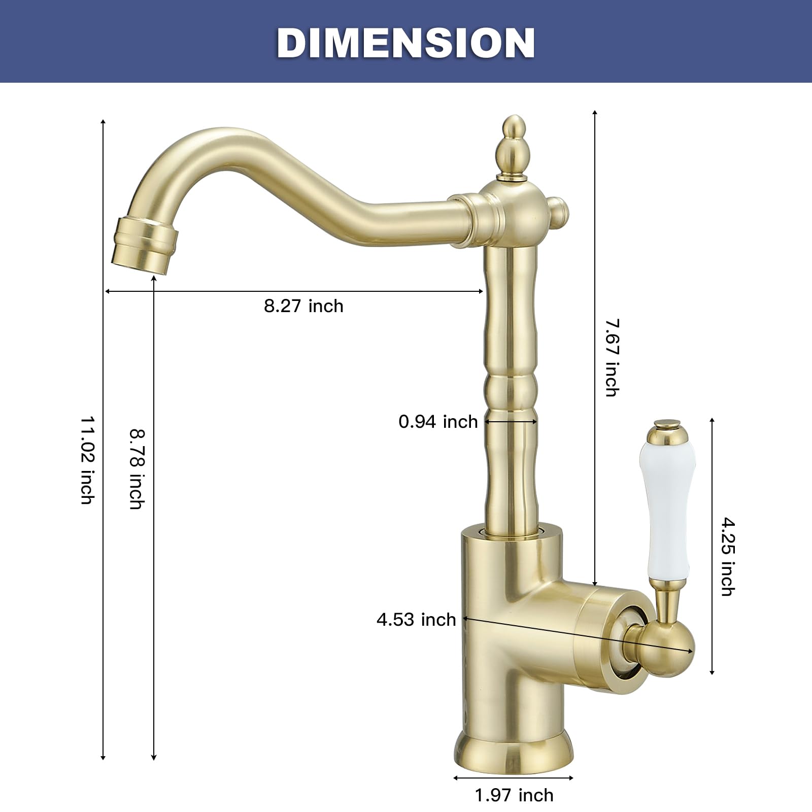 Bathfinesse Gold Kitchen Faucet With Long Curve Spout 360 Swivel, Deck Mount Single Handle Single Hole, Copper Bar Sink Faucet, Mixer Tap