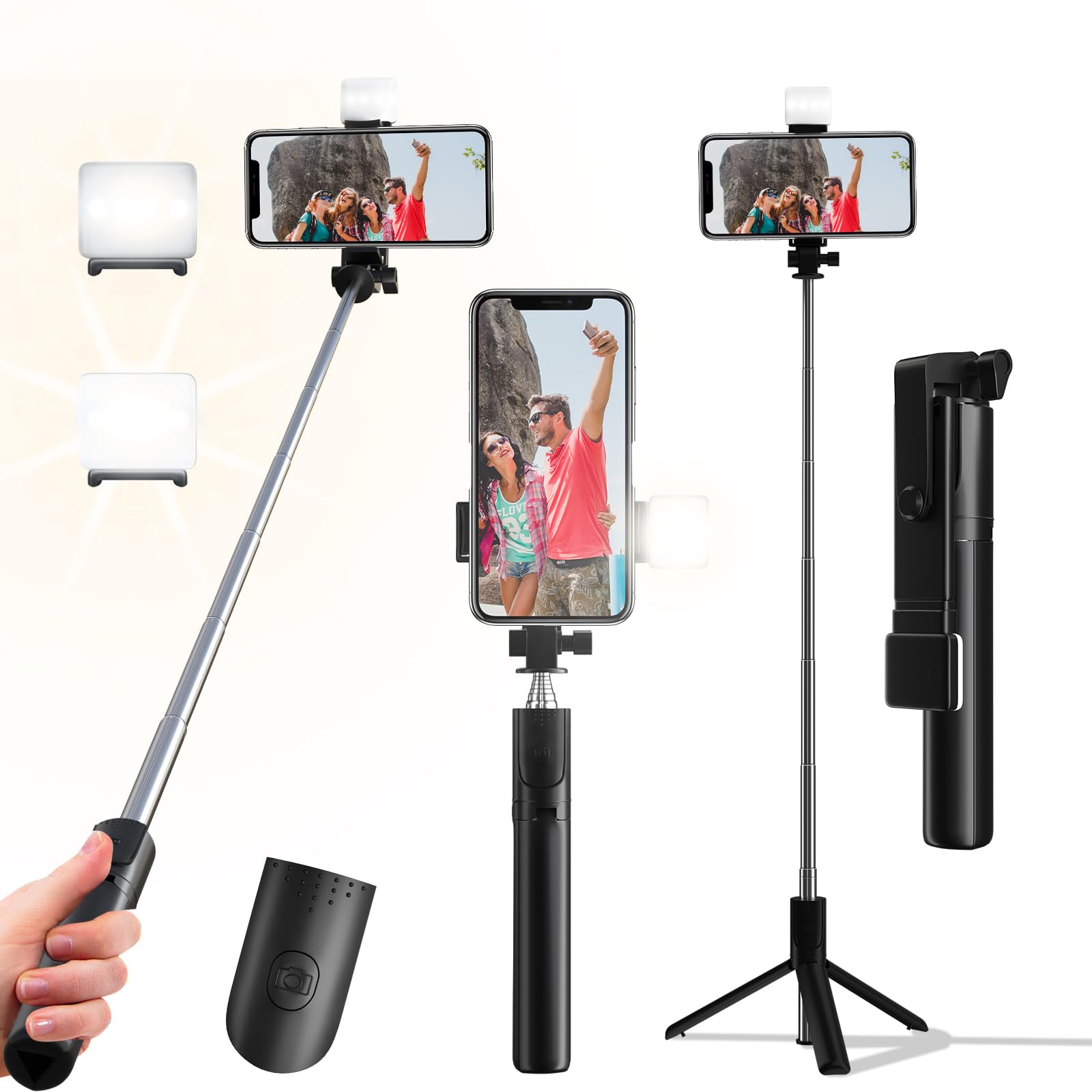 Bollove Selfie Stick, 40 In Retractable Phone Tripod With Wireless Remote Control & Light, Portable Selfie Stick Tripod For Photograph, Live Streaming, Video Recording, Compatible With All Cellphones