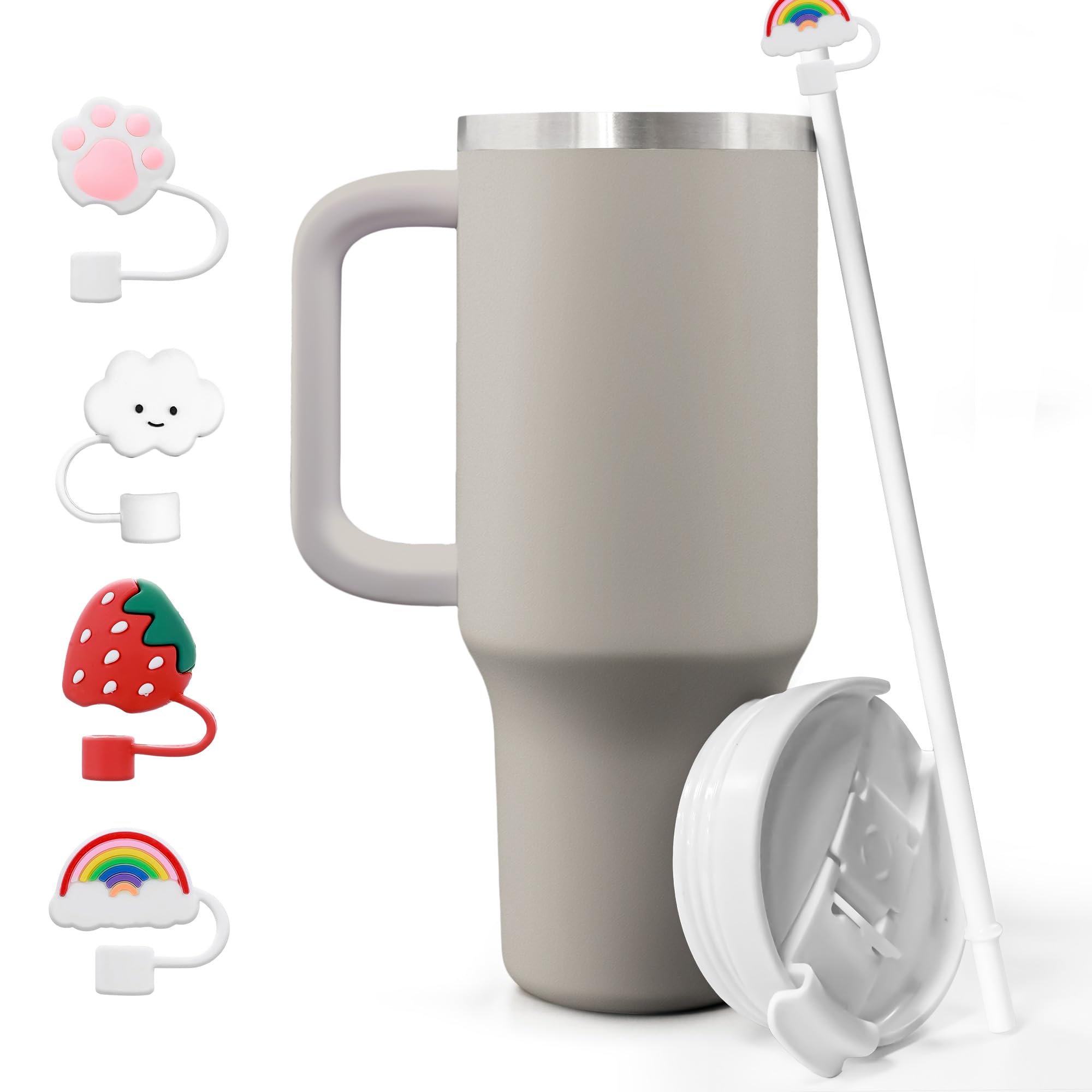 40 Oz Warm Gray Tumbler With Handle & Straw Covers Topper - Insulated Water Bottle