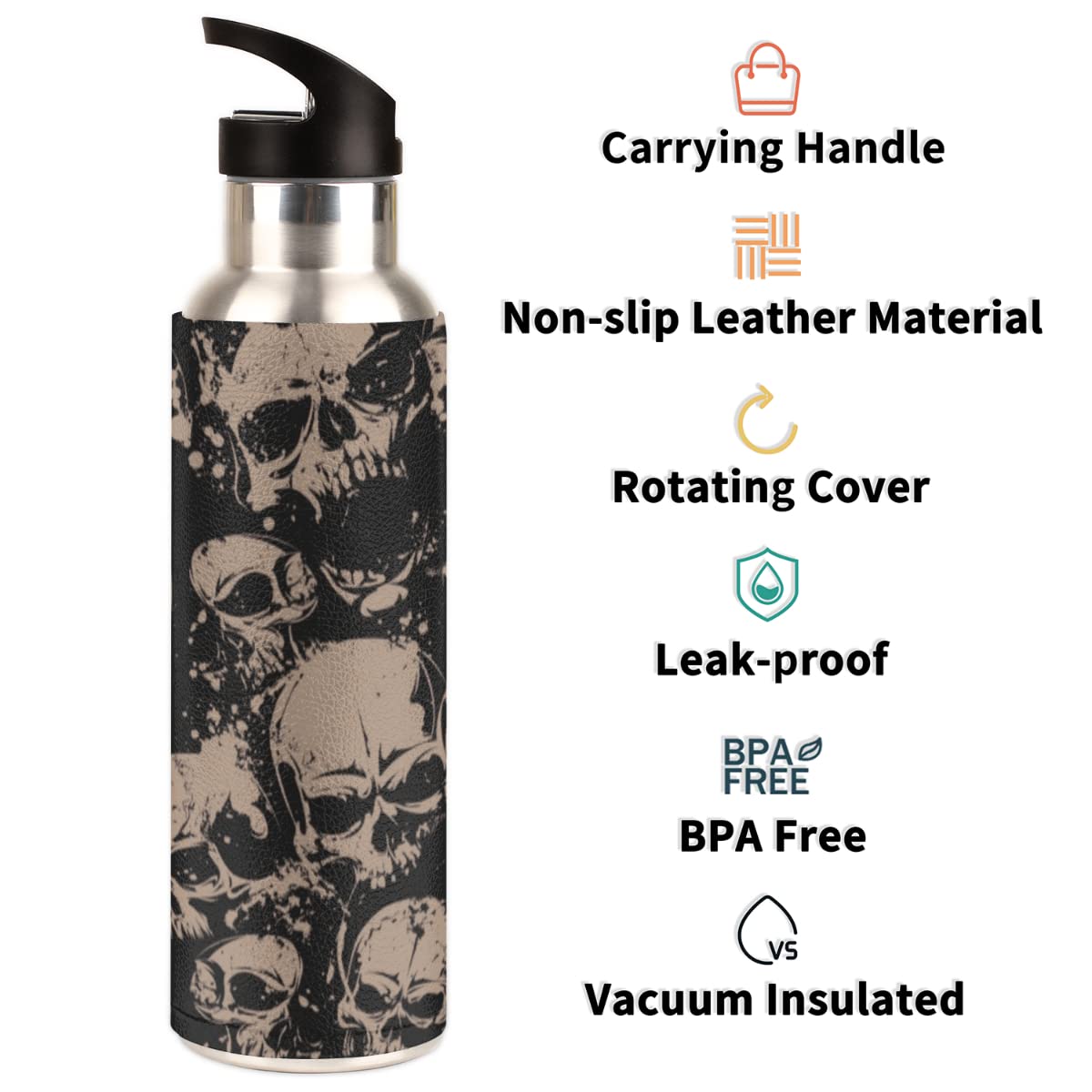 Insulated Stainless Steel Water Bottle With Straw 20Oz Retro Vintage Skull Skeleton Gothic Sports
