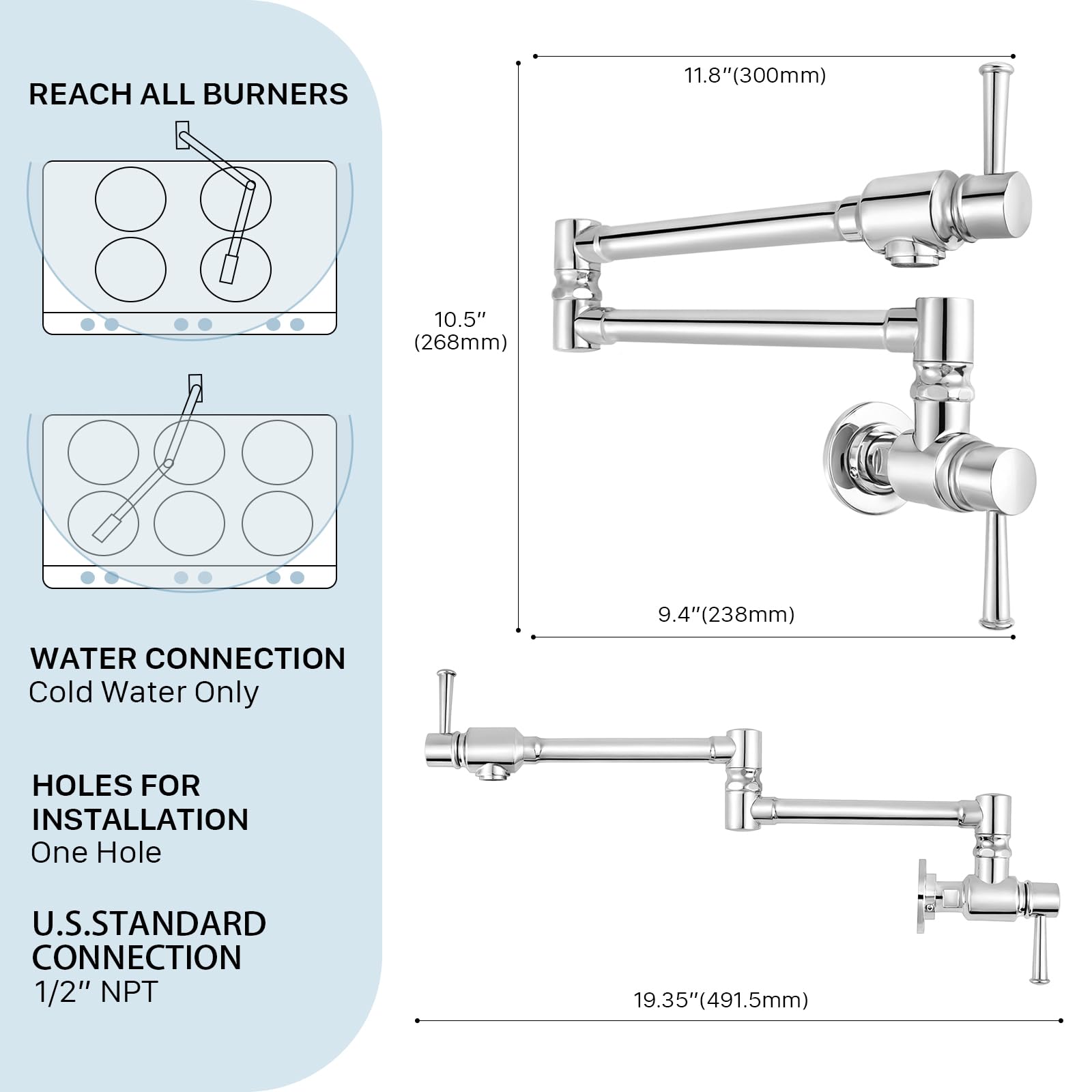 Cwm Pot Filler Faucet,Polished Stainless Steel Pot Filler,Swing Arm Folding Stretchable Wall Mount Commercial Kitchen Sink Faucet With Single Hole Two Handles,Over Stove Design For Space-Saving
