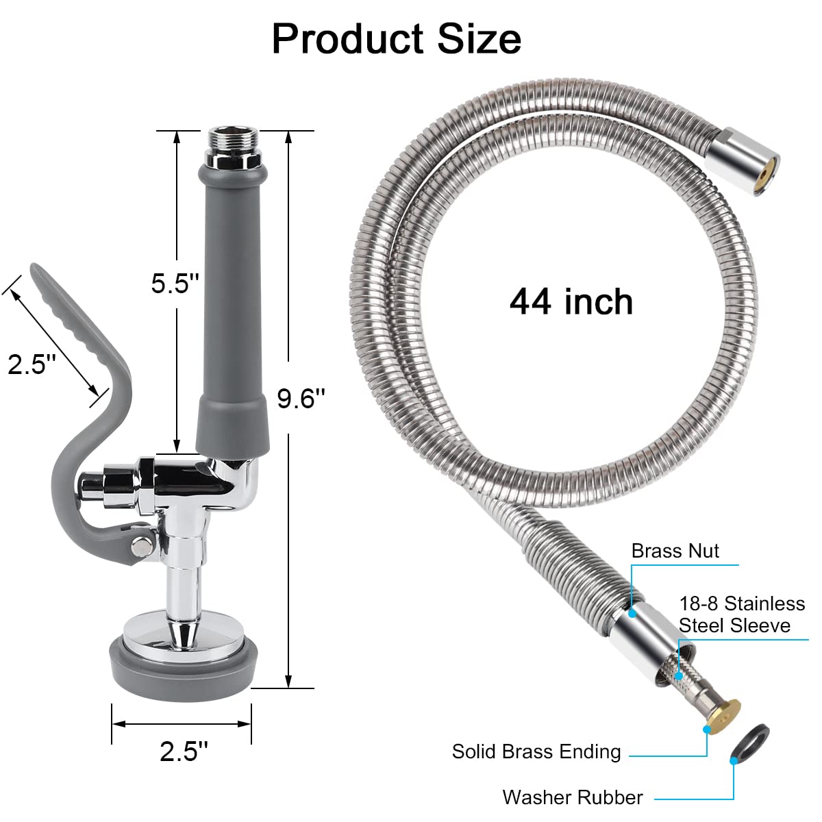 Kanoney Commercial Sink Sprayer With 45" Flexible Stainless Steel Hose, Pre-Rinse Dish Spray Valve Replacement Kit Assembly Sprayer Nozzle Head For Industrial Restaurant Kitchen Faucets, Gray