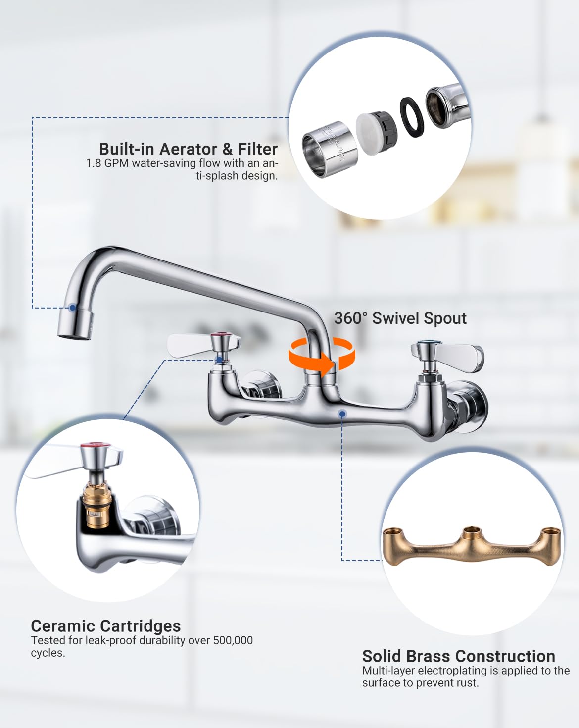 Phivan Commercial Kitchen Faucet 8 Inch Center Wall Mount Commercial Sink Faucet With 8 Inch Swivel Spout 2 Dual Handle Laundry & Utility Room Sink Faucets Restaurant Industrial Chrome Mixer Tap