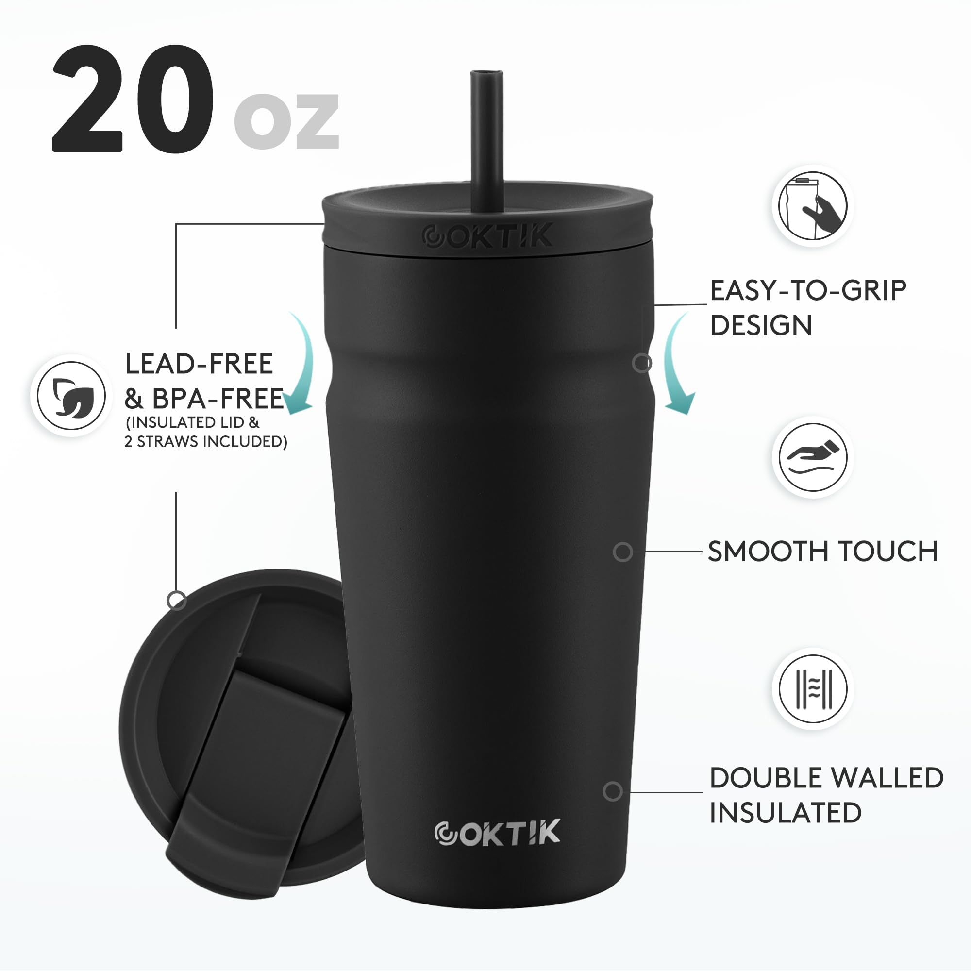 Coktik 20Oz Insulated Tumbler With Lid And Straw 2 Lids (Straw/Flip) Iced Coffee Cup Reusable Stain