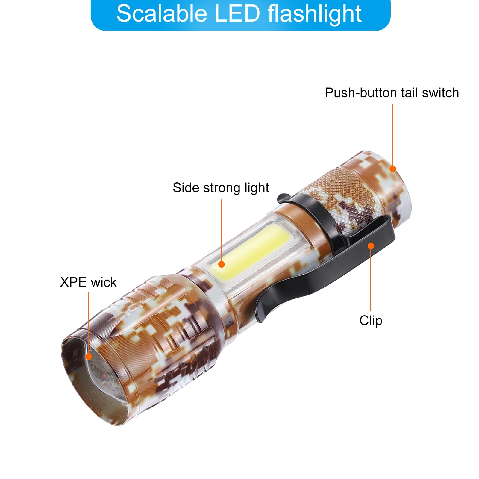 Patikil Scalable Led Flashlight, 3 Mode High Lumens Led Flashlight Aluminum White Light Torch Usb Rechargeable For Hiking Camping, Camouflage Brown