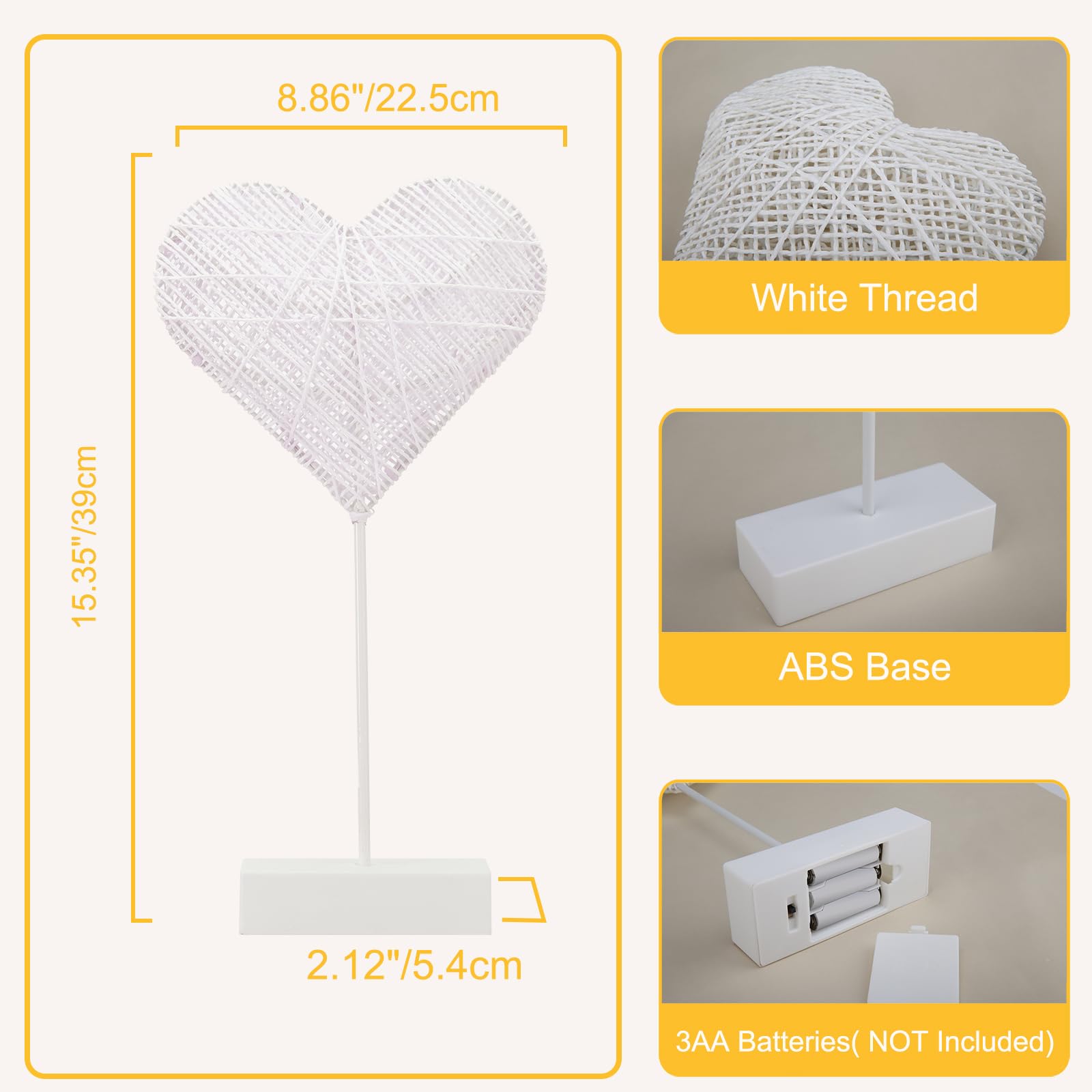 Lewondr Decorative Table Lamp, Heart Led Light Winding Cotton Thread Night Lamp For Bedroom, Battery Powered Desk Lamp For Valentine'S Day Romantic Xmas Home Decorations Bedside Table Lamp, White
