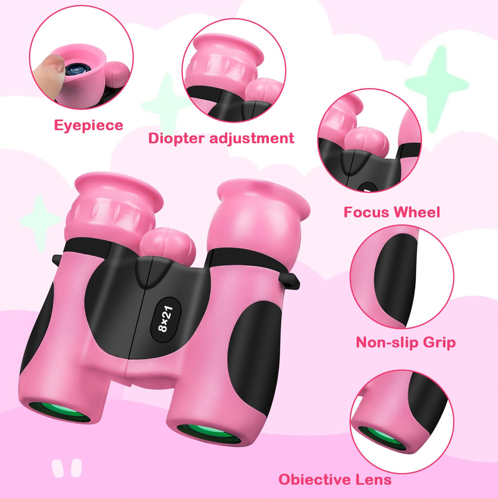 Blackice Binoculars For Kids, High-Resolution 8X21, Kids Binoculars  Set For Boys & Girls, Shockproof & Compact For Bird Watching, Travel, Hiking, Camping, Hunting, Children Outdoor Gear (Pink)