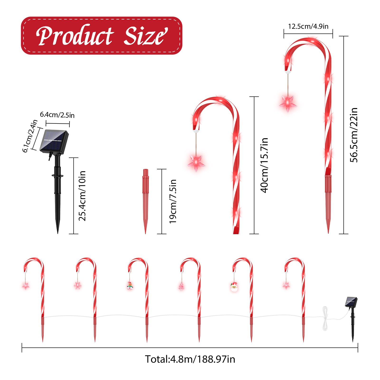 Alfiot Solar Christmas Candy Cane Lights, Red 12 Pack Pathway Stake Lights Outdoor, 8 Modes 2000Mah Walkway Markers With Stakes For Garden Patio Xmas Decorations (22'')