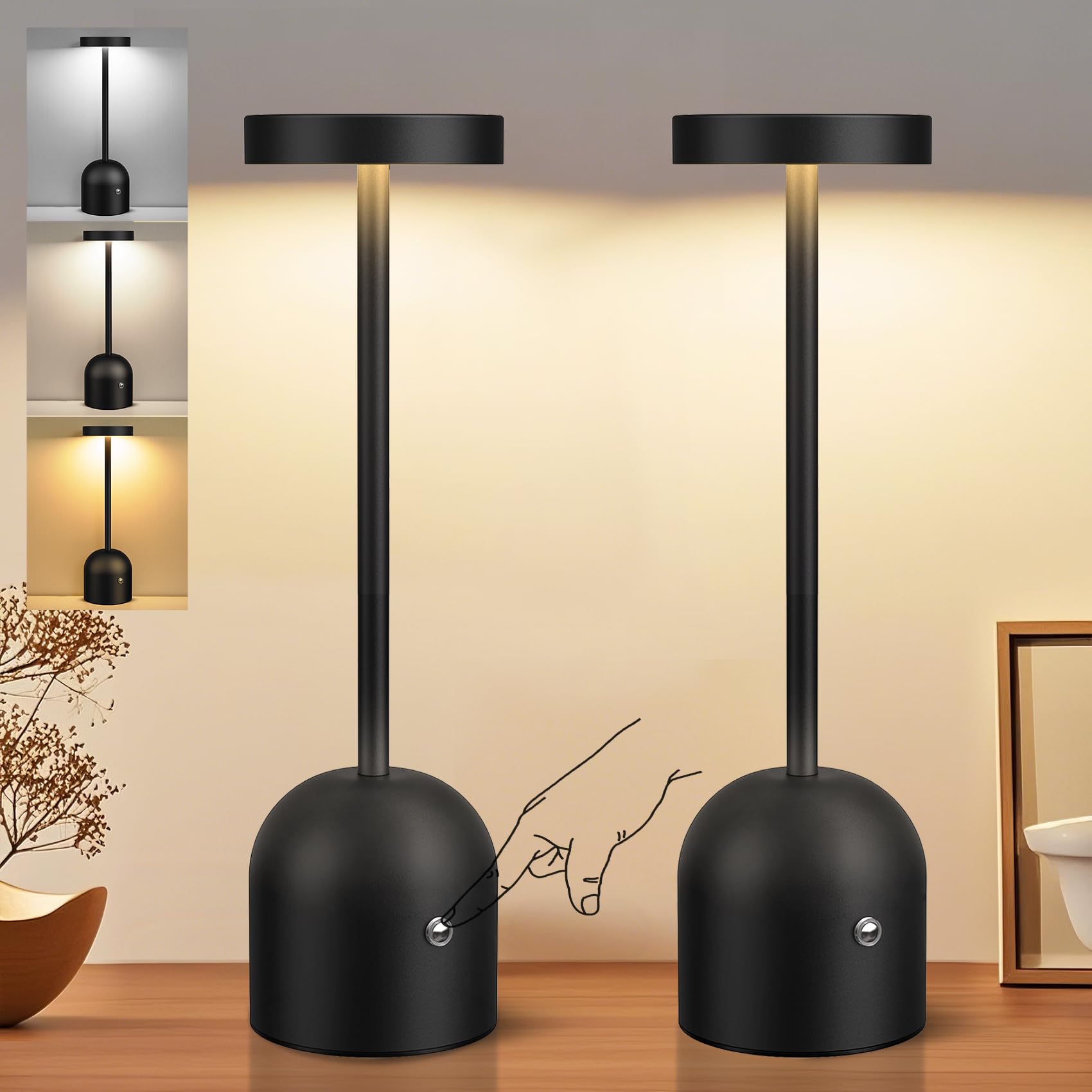 Yacoto 2 Pack Cordless Table Lamps, 5000Mah Rechargeable Battery Operated Outdoor Lamp, 3 Color Stepless Dimming Wireless Led Desk Table Light For Dining, Bedroom, Patio, Restaurant, Bar, Cafe(Black)