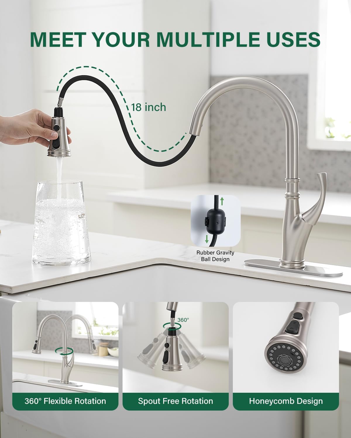 Greenspring Brushed Nickel Kitchen Sink Faucet With Pull Down Sprayer Modern Faucet For Kitchen Sink High Arc Single Handle Kitchen Sink Faucets For 1 Or 3 Hole Sink, Brass Pull Out Kitchen Faucet