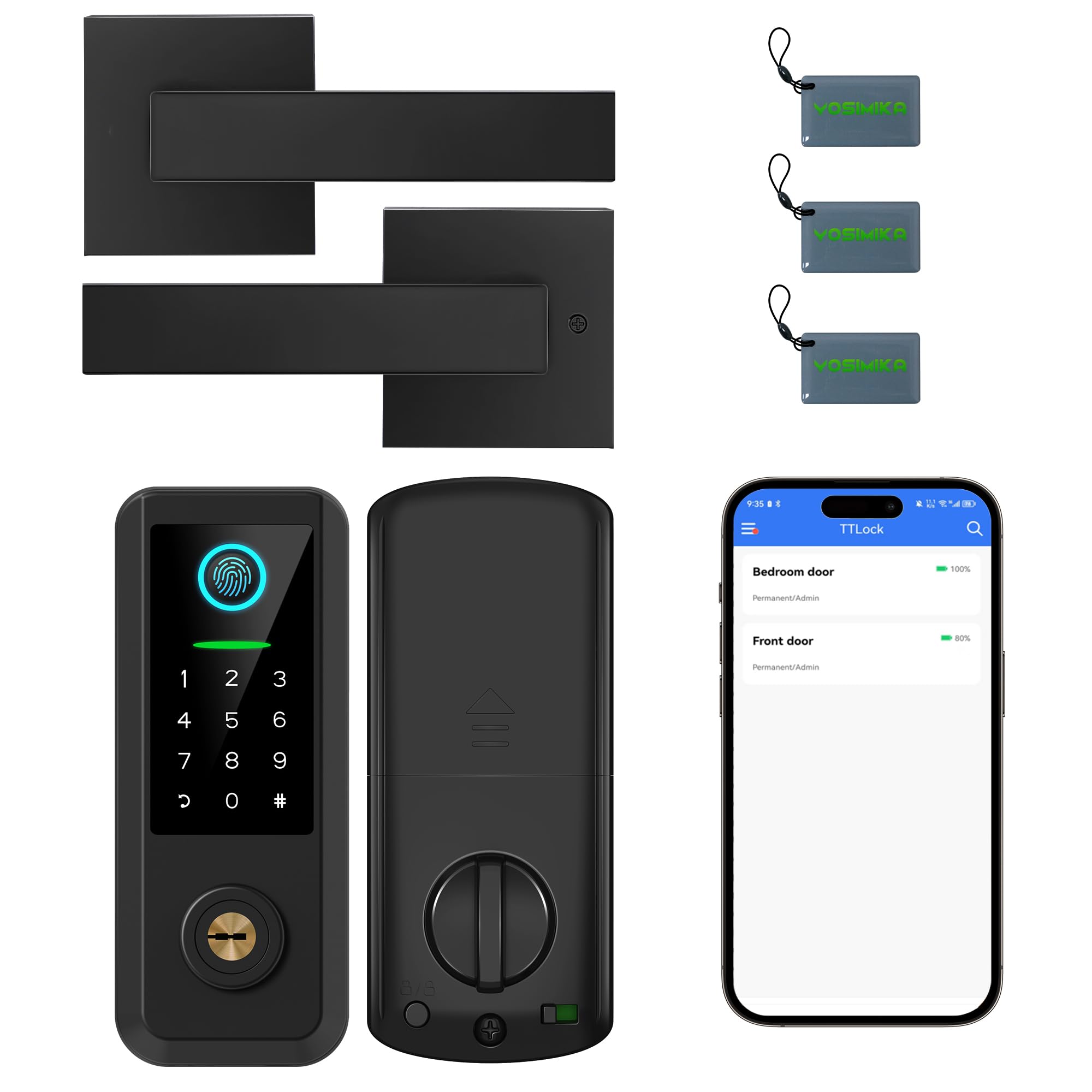 Yosimika Keyless Entry Door Lock With Handle Set,Smart Front Door Lock With Keypad Set,Keyless Entry Digital Deadbolt,Smart Deadbolt With Auto Lock,App Control, Matte Black