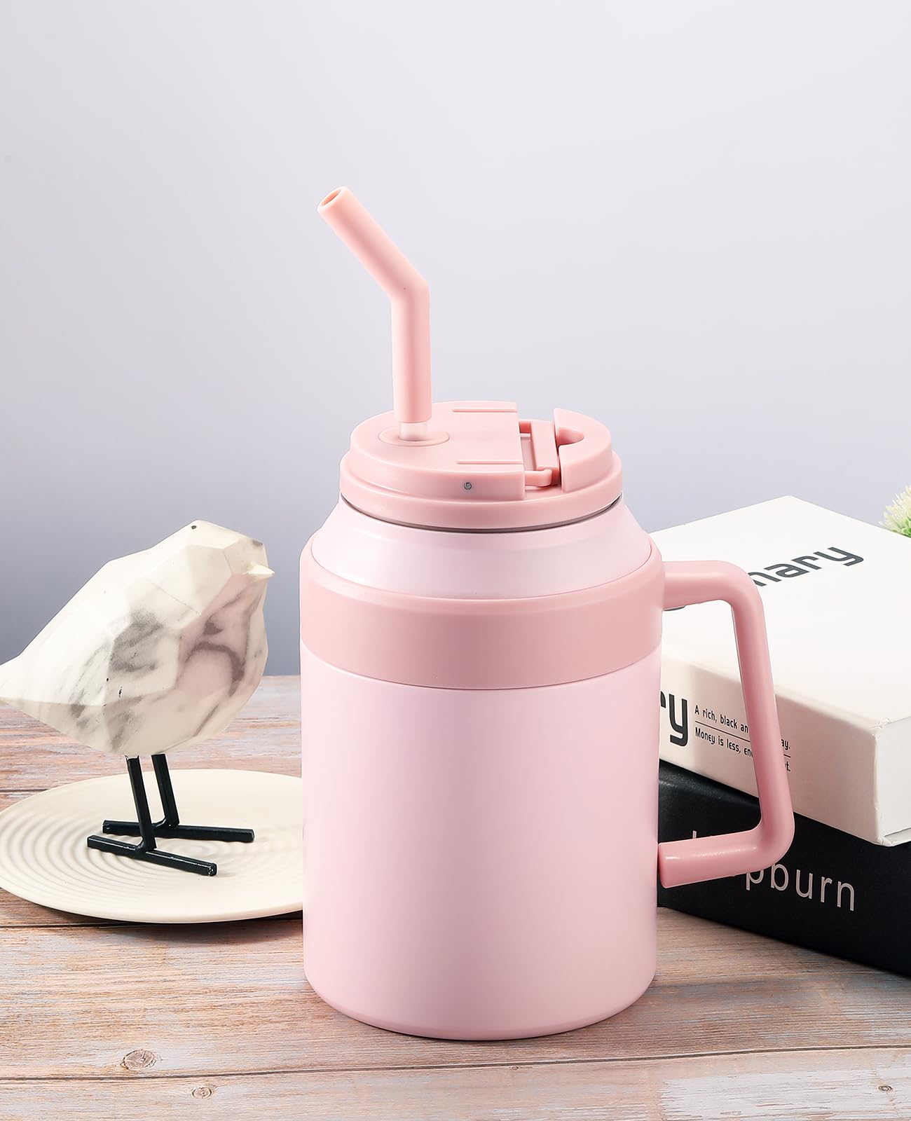 50 Oz Insulated Tumbler With Handle And Straw,Vacuum Insulated Stainless Steel Water Bottle Thermal