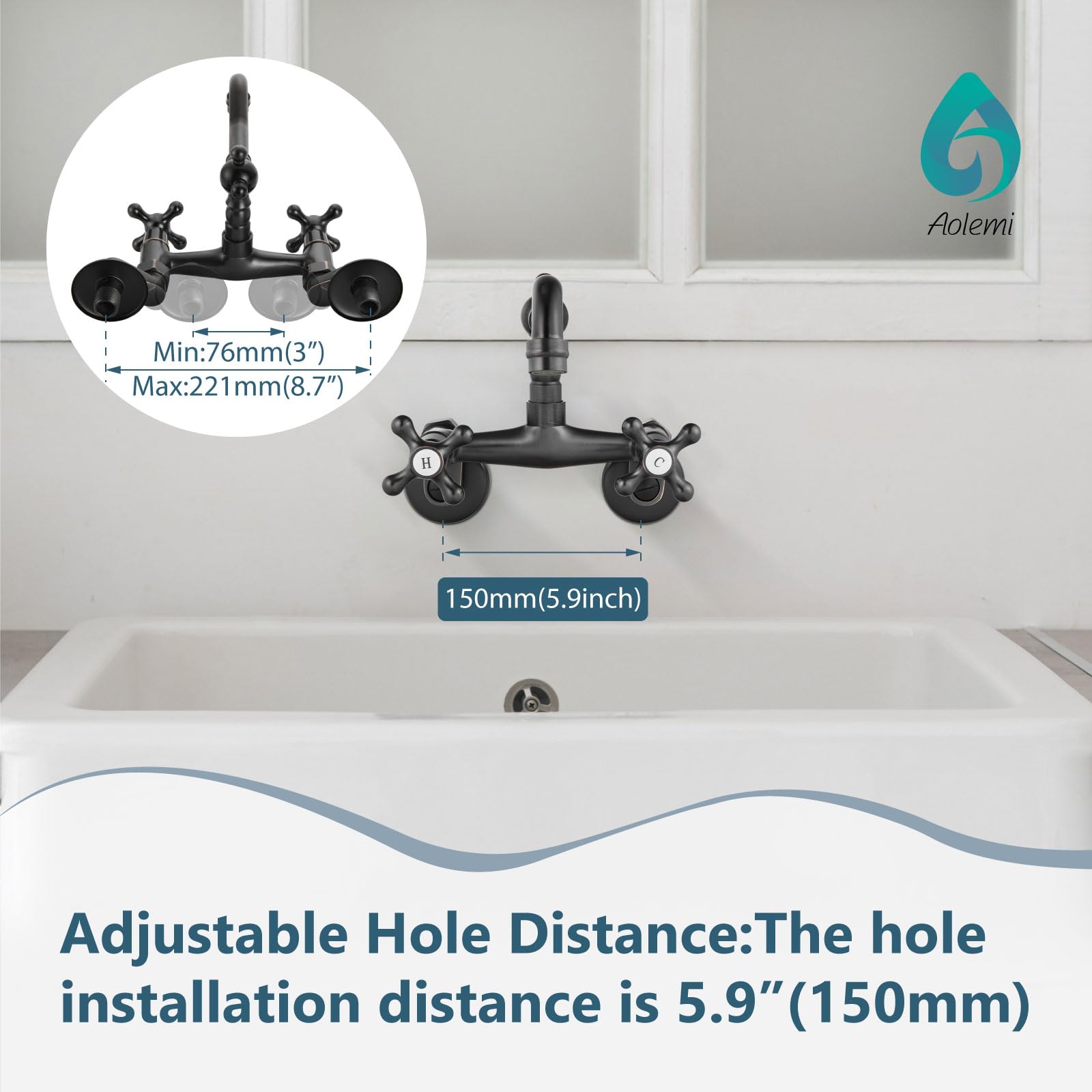 Aolemi Oil Rubbed Bronze Wall Mount Kitchen Faucet, 6 Inch Spout, Adjustable Center 3 To 9 Inch, 2 Hole Two Cross Handle Mixer Tap