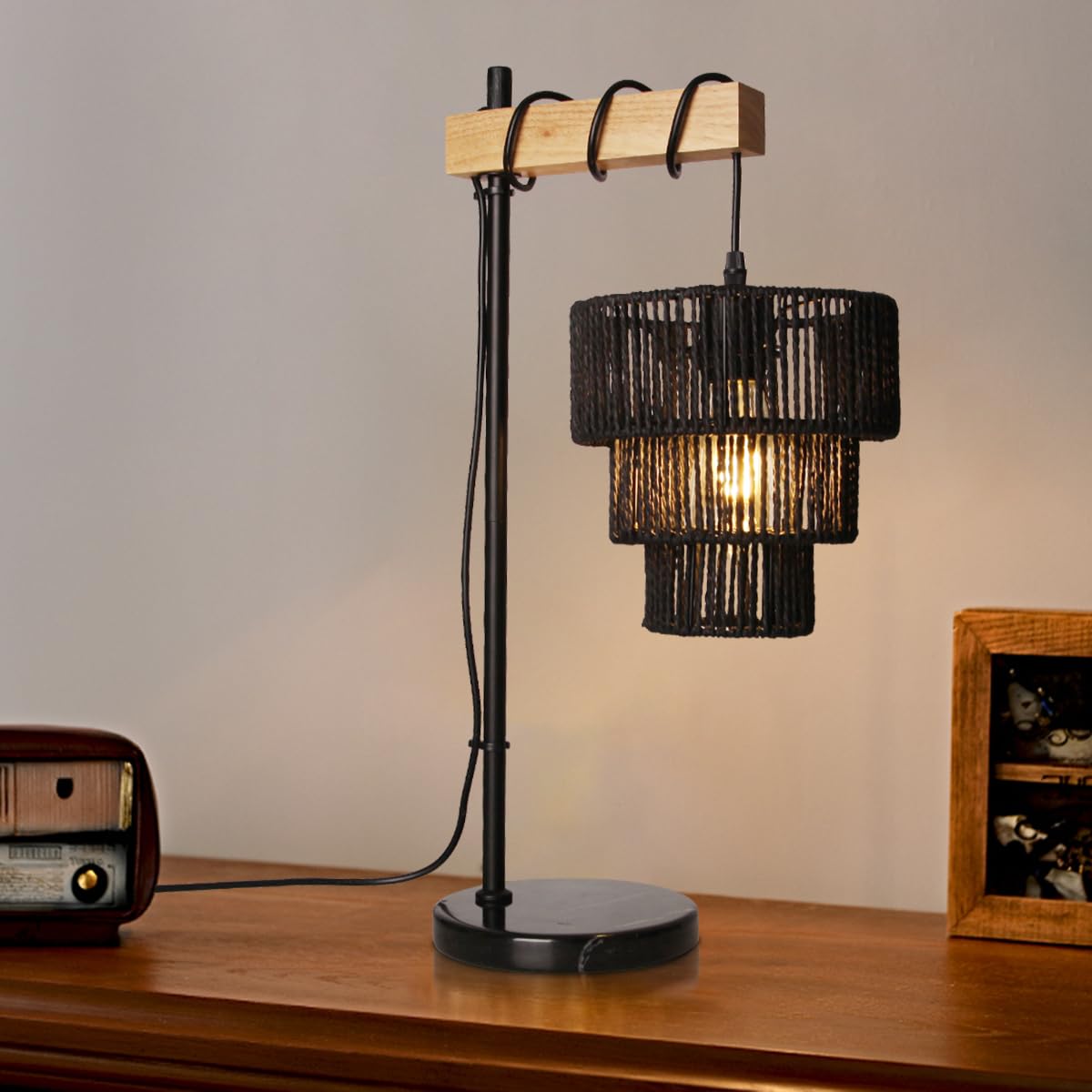 Masivel Rattan Table Lamp, Boho Wicker Table Lamps, Wood Bedside Desk Lamps For Bedroom Living Room Office Nightstand, E26, Black