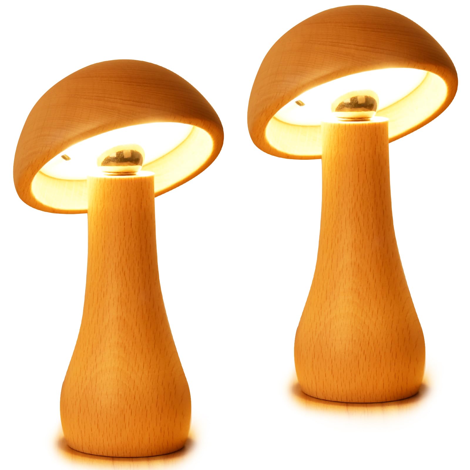 Lonrisway 2 Pack Wooden Mushroom Lamp, Portable Cordless Small Rechargeable Battery Operated Lamp,Stepless Dimming,Night Light For Birthday