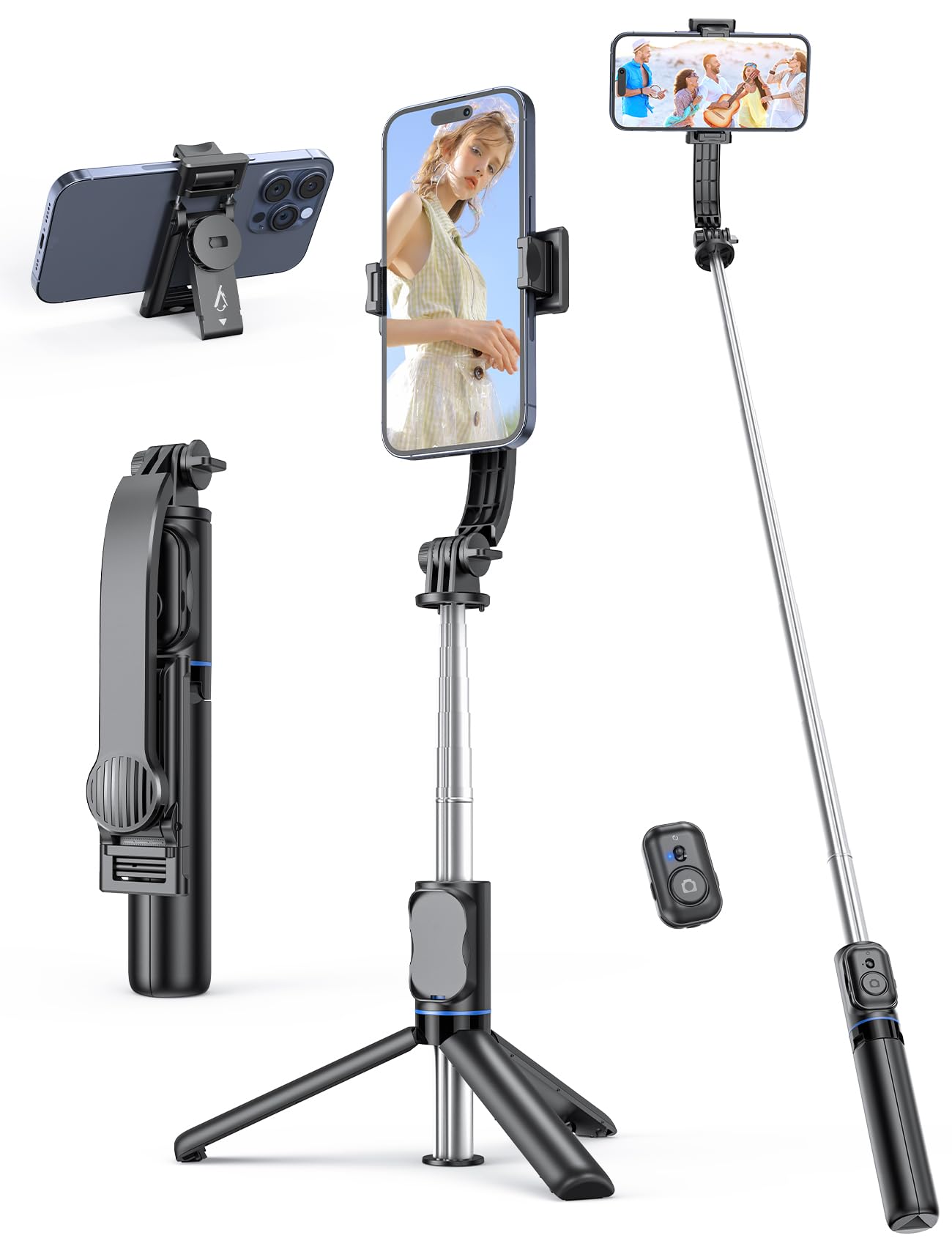 Kzomkzoo Selfie Stick Tripod With Detachable Phone Holder, 41.7" Extendable Phone Tripod With Remote, 360° Rotatable Stand For Iphone, Samsung, And Android Smartphones (Black)