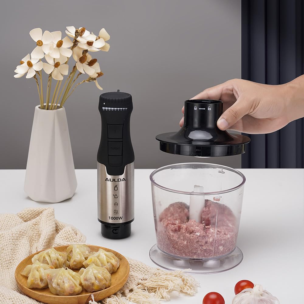 Aulonda 1000W 5-In-1 Immersion Hand Blender 20 Speeds, Stainless Steel Stick Blender With Mixing Beaker, Chopper Bowl, Milk Frother, Egg Whisk For Smoothie, Baby Food, Sauces Red,Puree, Soup