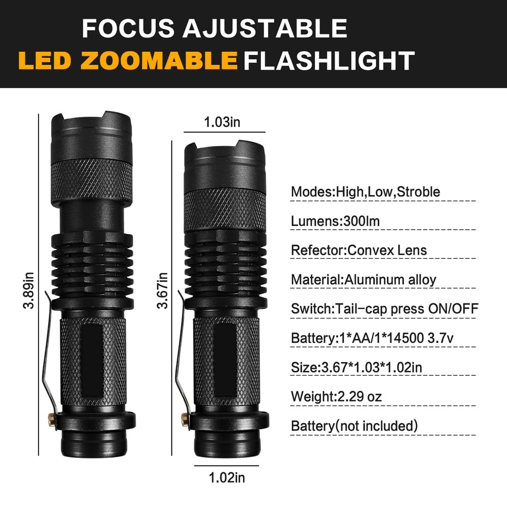 Mviocs 10 Pieces Led Flashlights Torch, High Lumens Mini Flashlight Waterproof Pocket Flash Light With 3 Modes, Adjustable Focus Zoomable For Camping, Hiking, Indoor, Outdoor, Home Use
